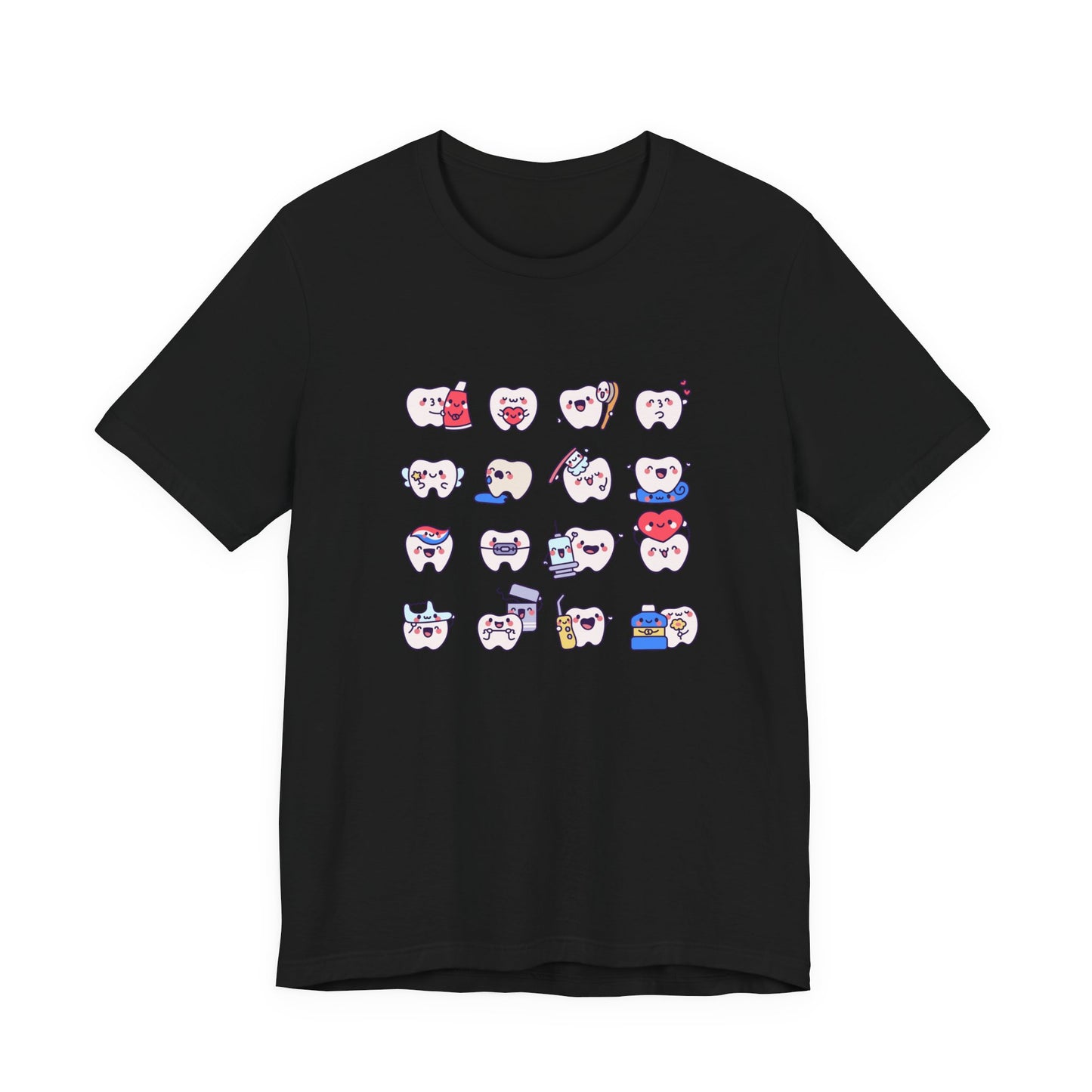 Happy Smiling Teeth T Shirt Sixteen Tooth Characters with Dental Care Items