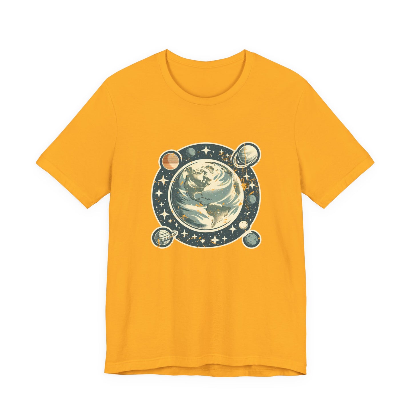Earth Was Cool Tshirt – Gray Earth with Circular Planets and Stars Design