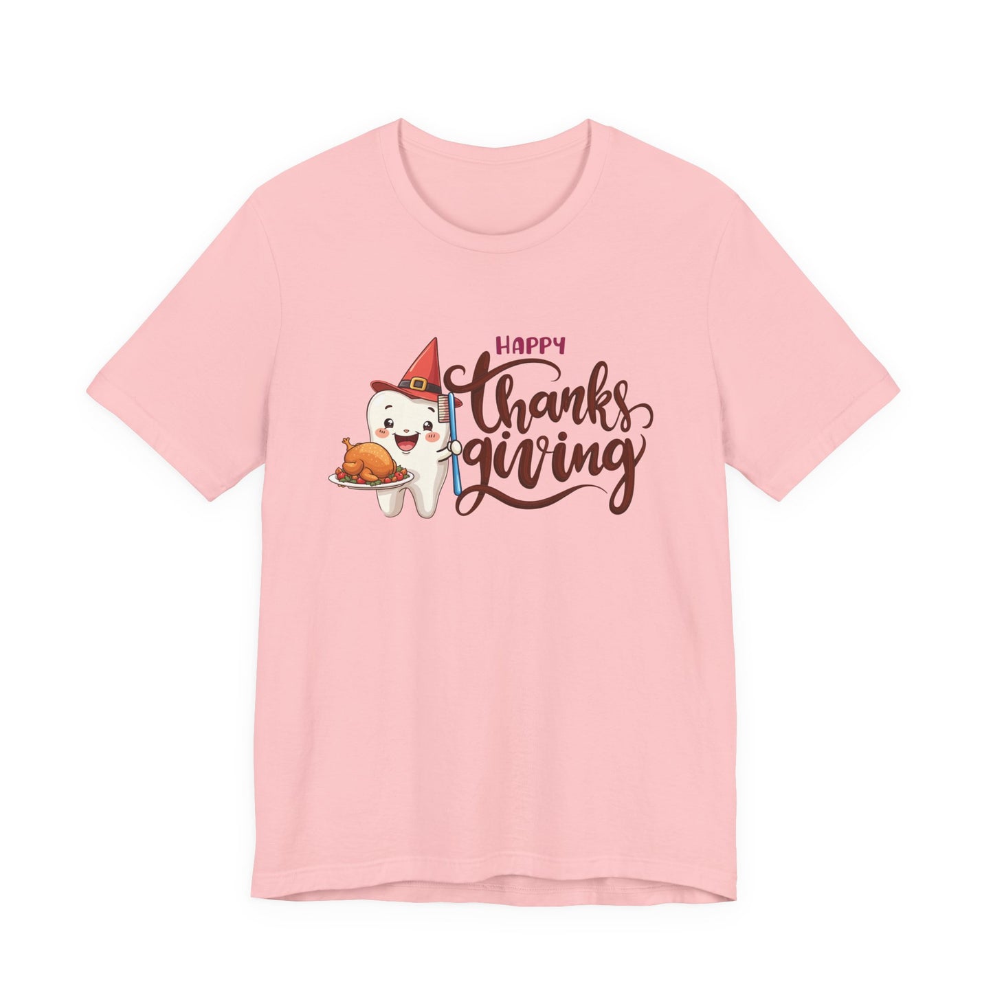 Happy Thanksgiving Dental T Shirt Smiling Tooth with Turkey Plate, Toothbrush, and a Cap