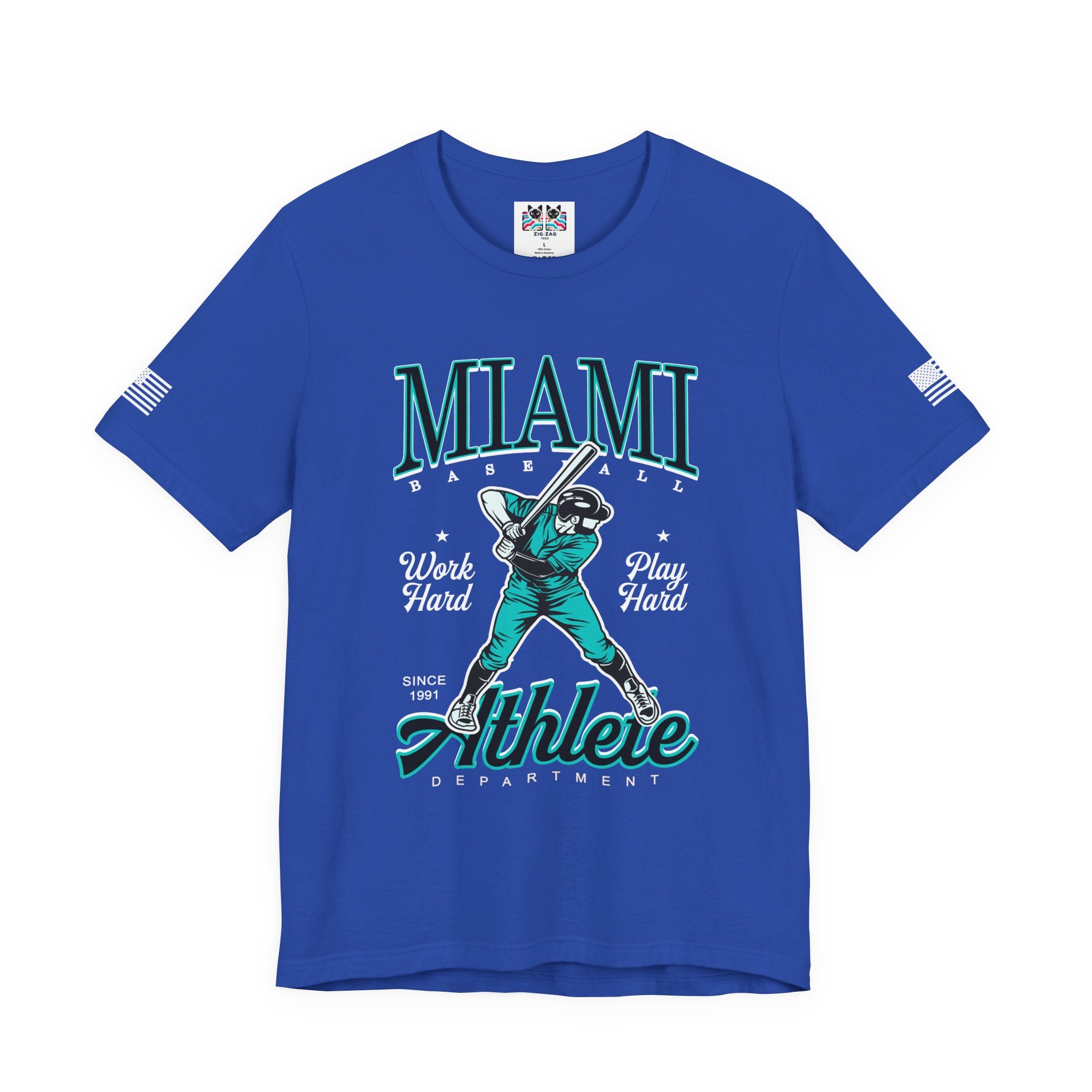 Miami Baseball Athlete Department T-Shirt – Work Hard Play Hard Since 1991 Graphic Tee