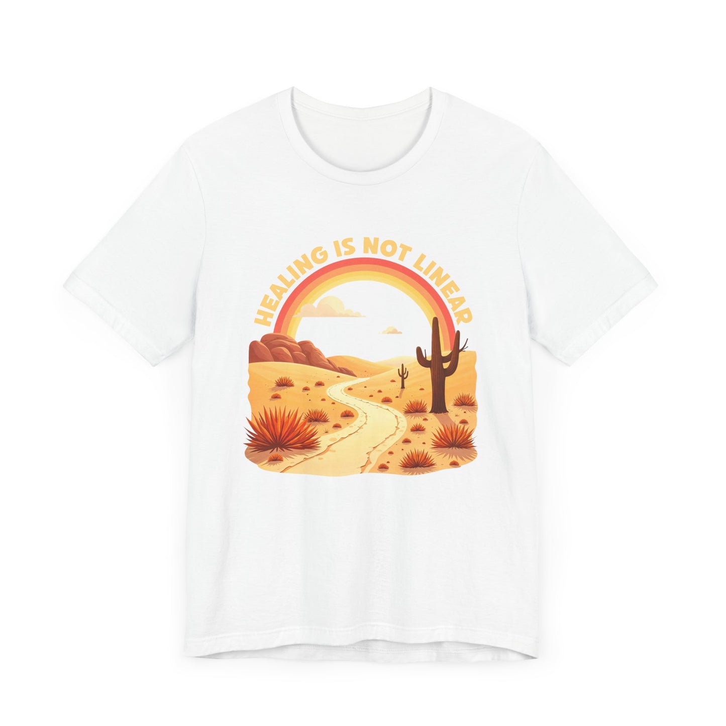 Healing Is Not Linear – Warm Desert Rainbow & Winding Road Graphic T-Shirt