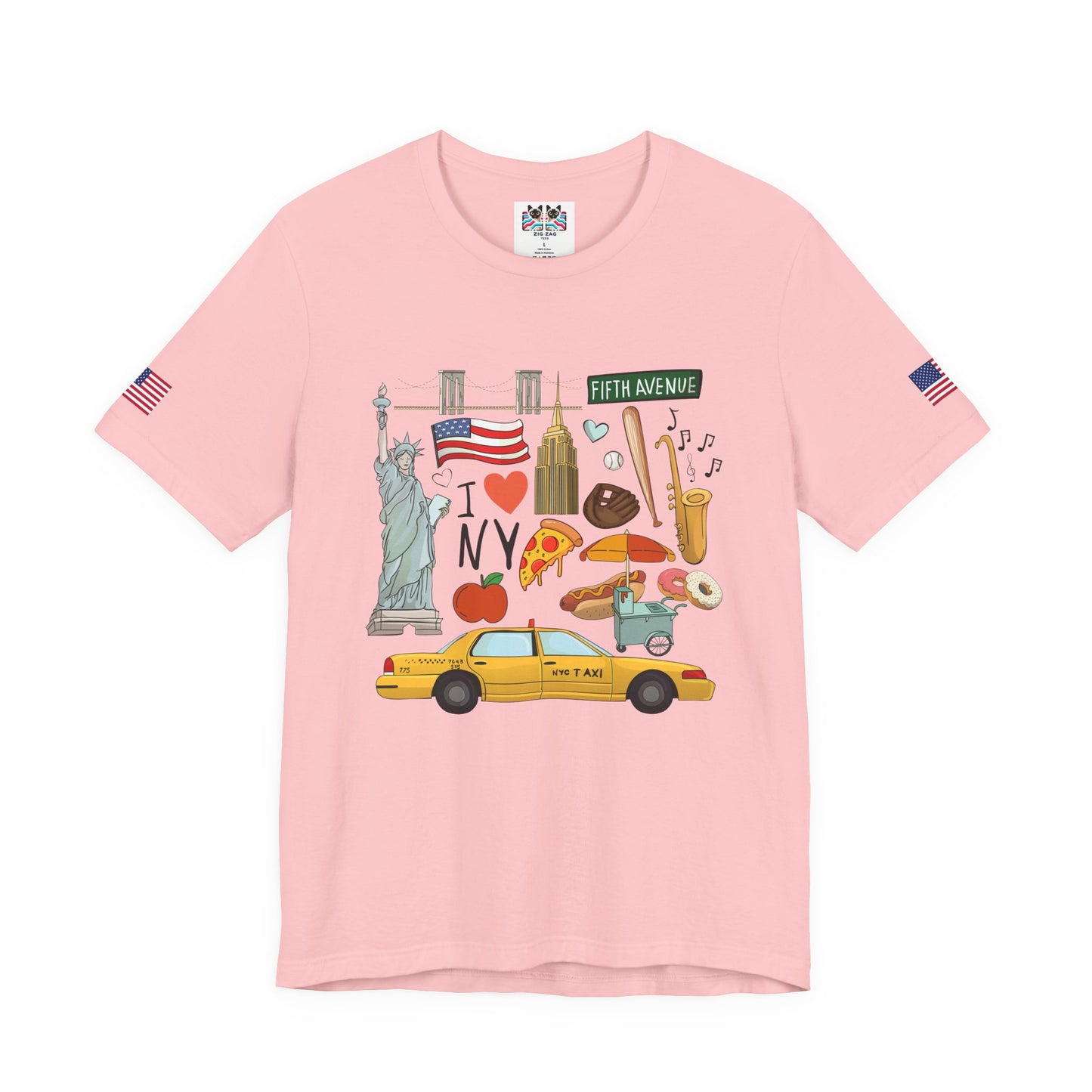 I Love NY T-Shirt - New York City Icons Graphic Tee with Statue of Liberty, Taxi & Food