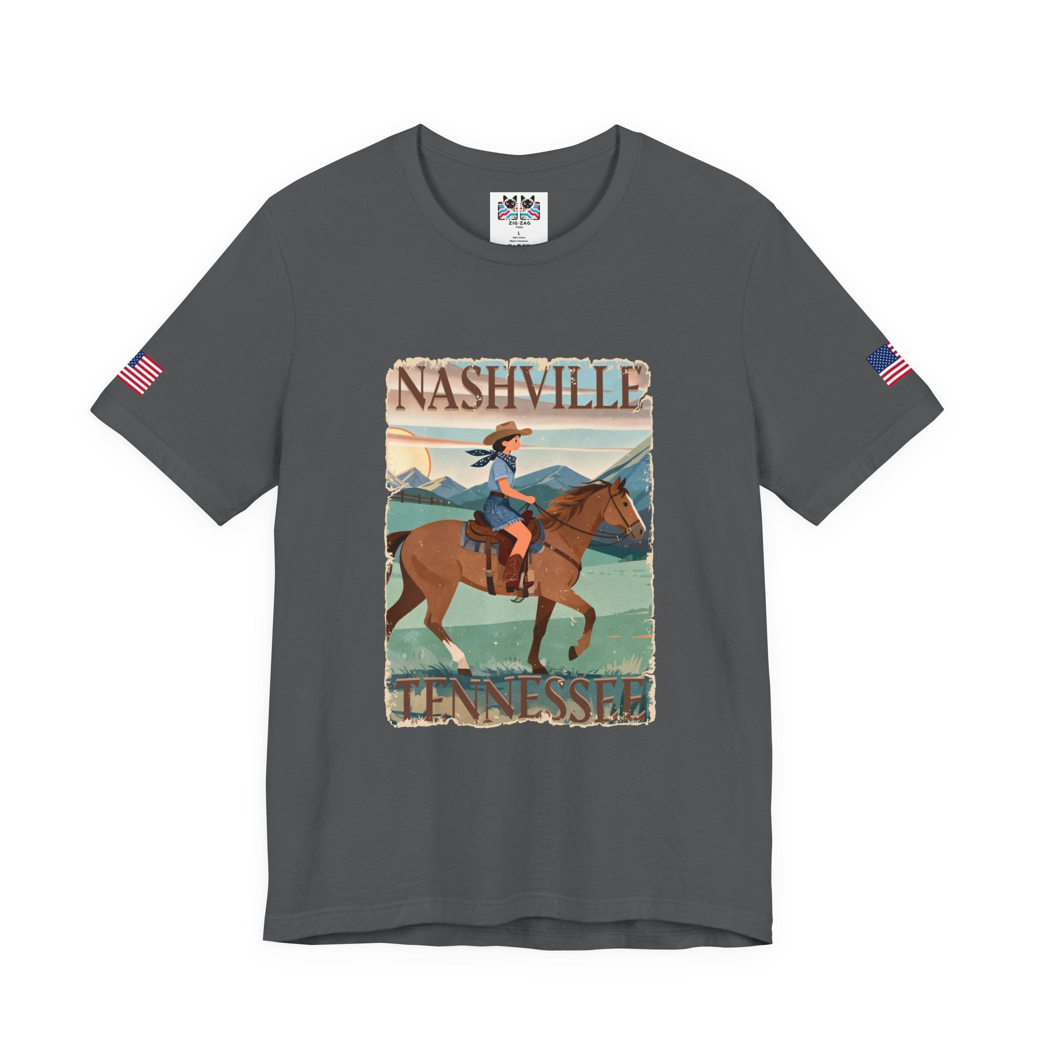 Nashville Tennessee T-Shirt – Vintage Cowgirl Horseback Riding Travel Poster Style Graphic Tee