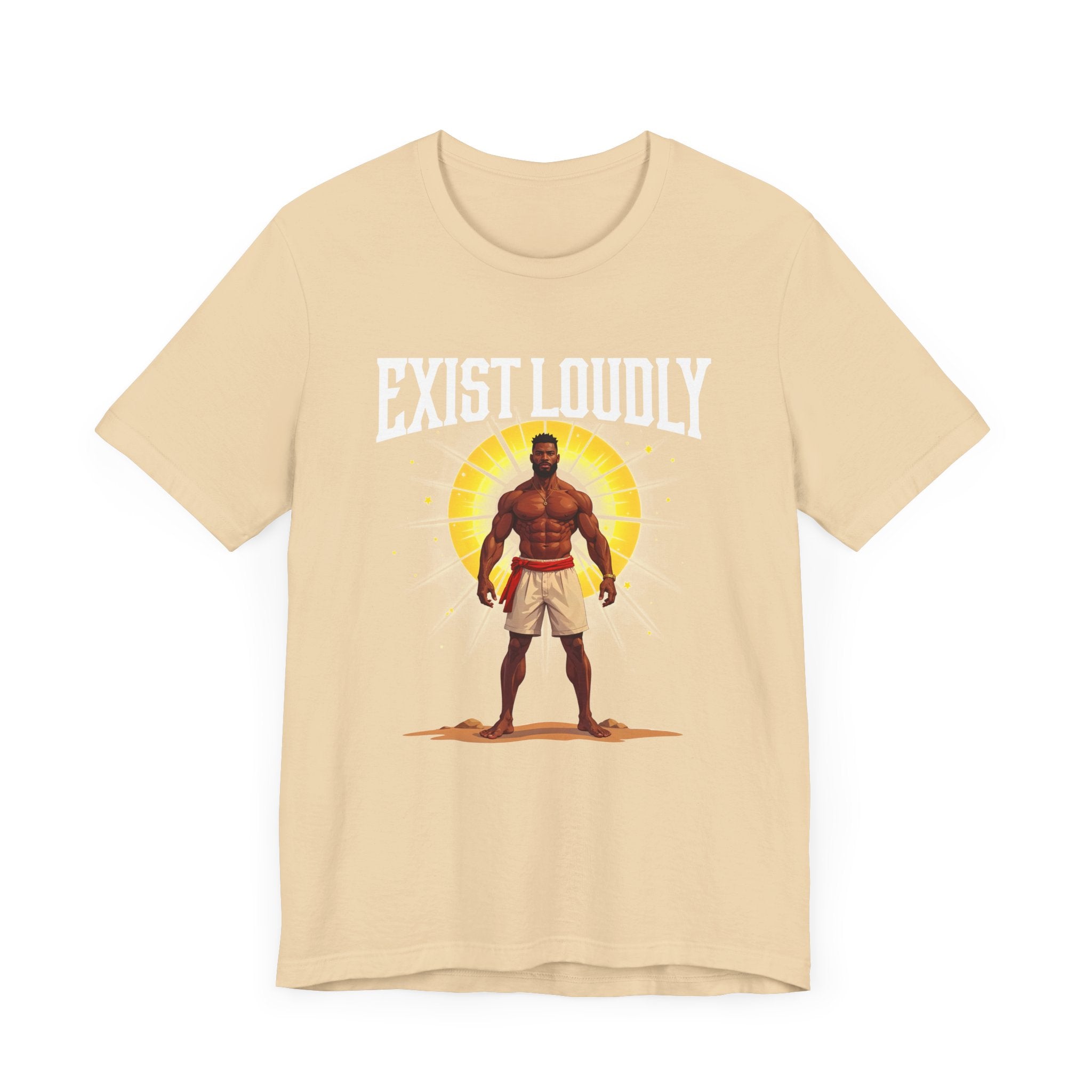 Exist Loudly – Strong Muscular Man with Red Belt & Glowing Light Graphic T-Shirt