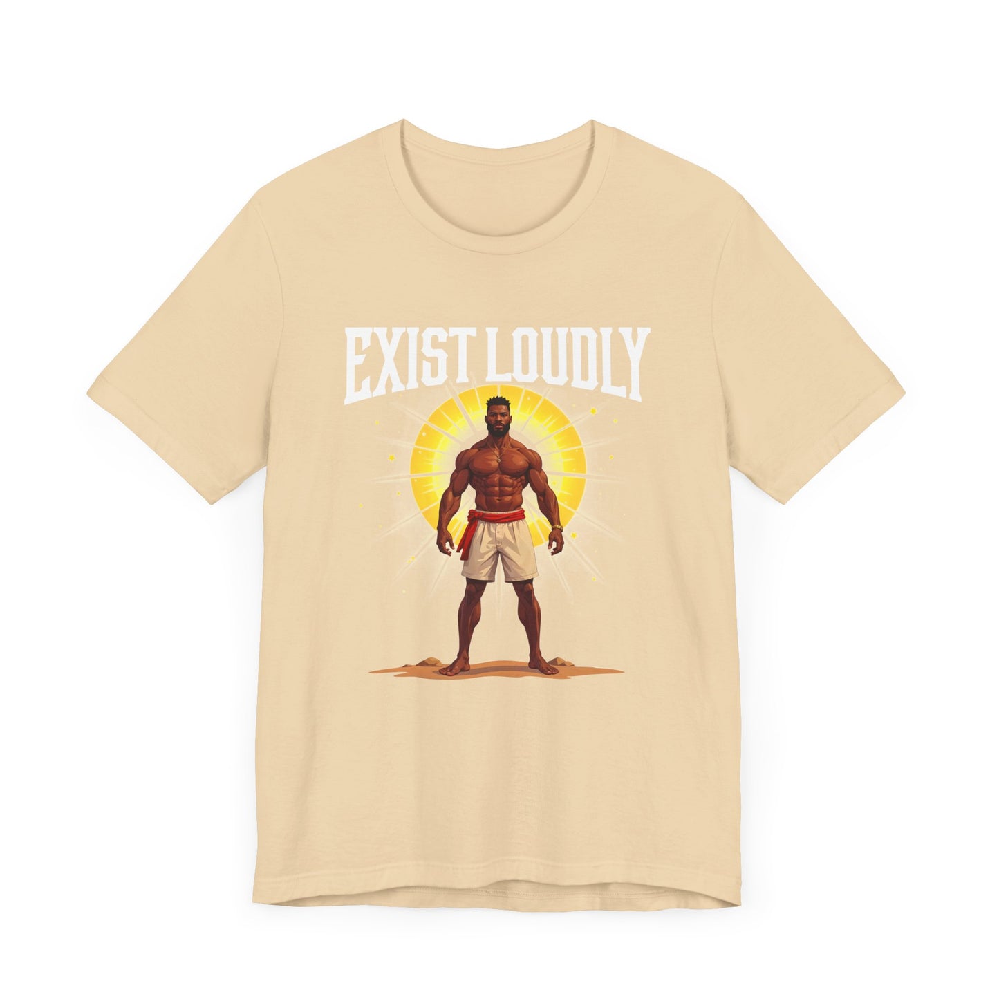 Exist Loudly – Strong Muscular Man with Red Belt & Glowing Light Graphic T-Shirt