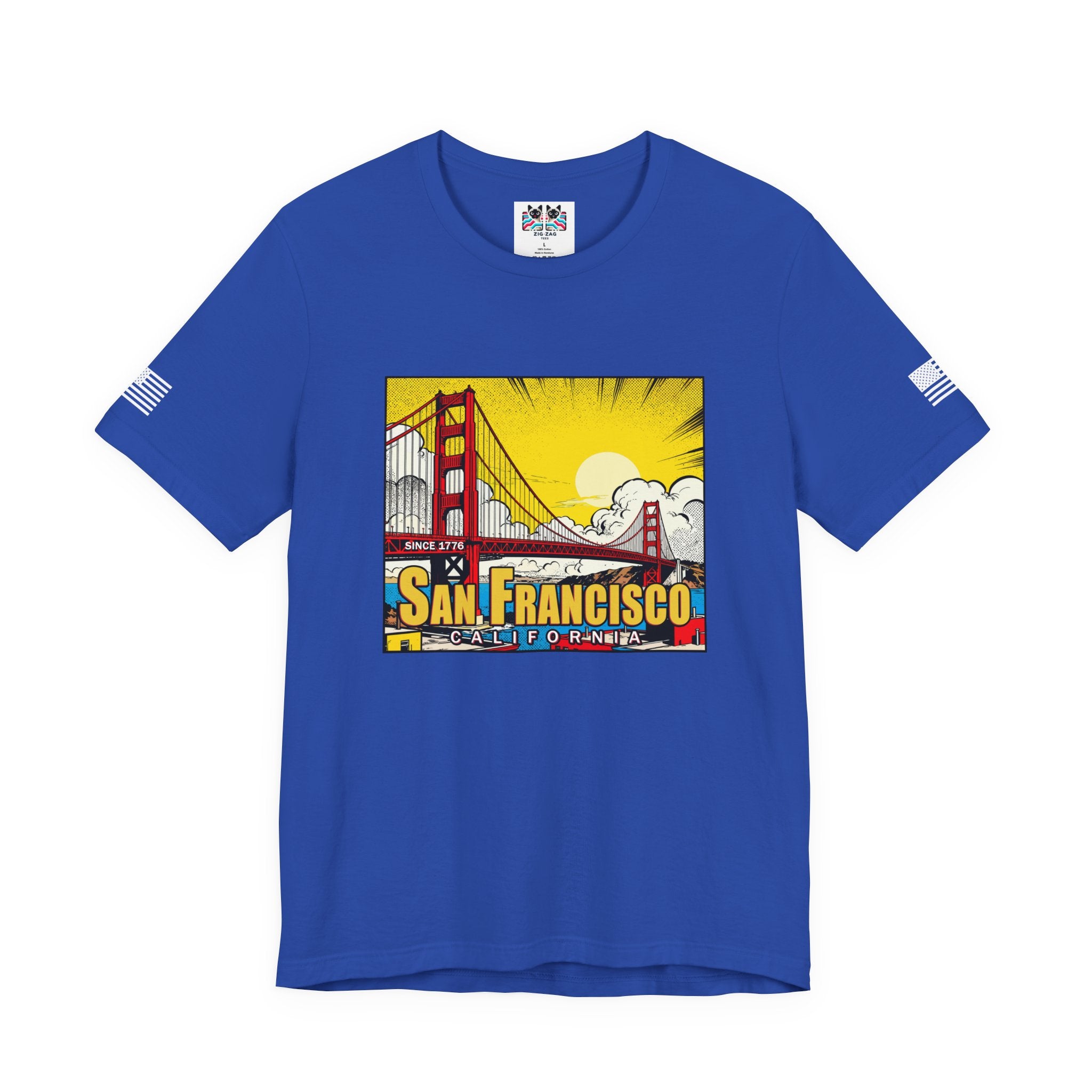San Francisco California Comic Style T-Shirt – Golden Gate Bridge Pop Art Graphic Tee Since 1776