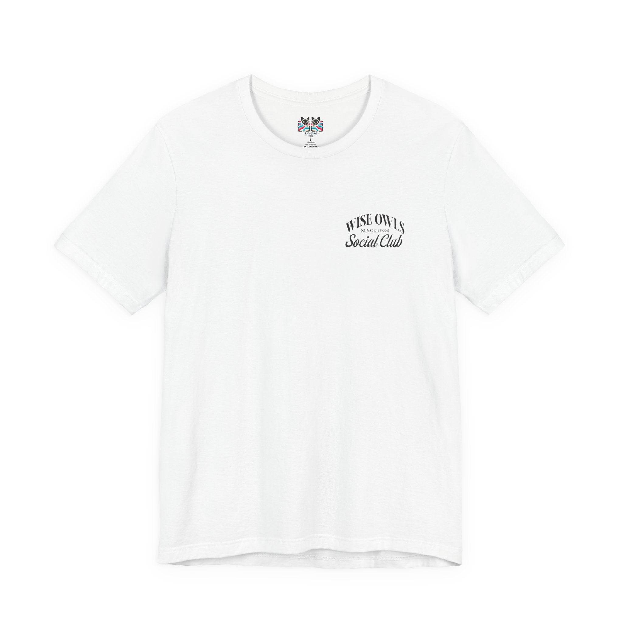 Wise Owl Social Club T-Shirt – Calm Owl on Branch with Empowering Text