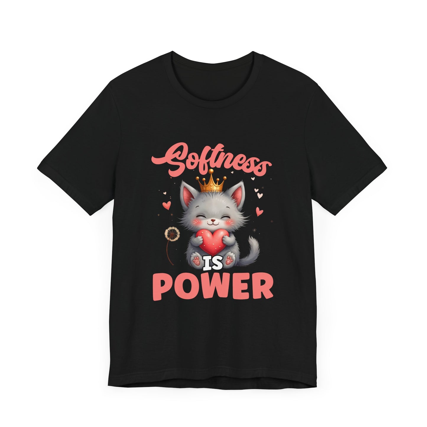 Softness Is Power – Adorable Cat with Heart & Crown Graphic T-Shirt