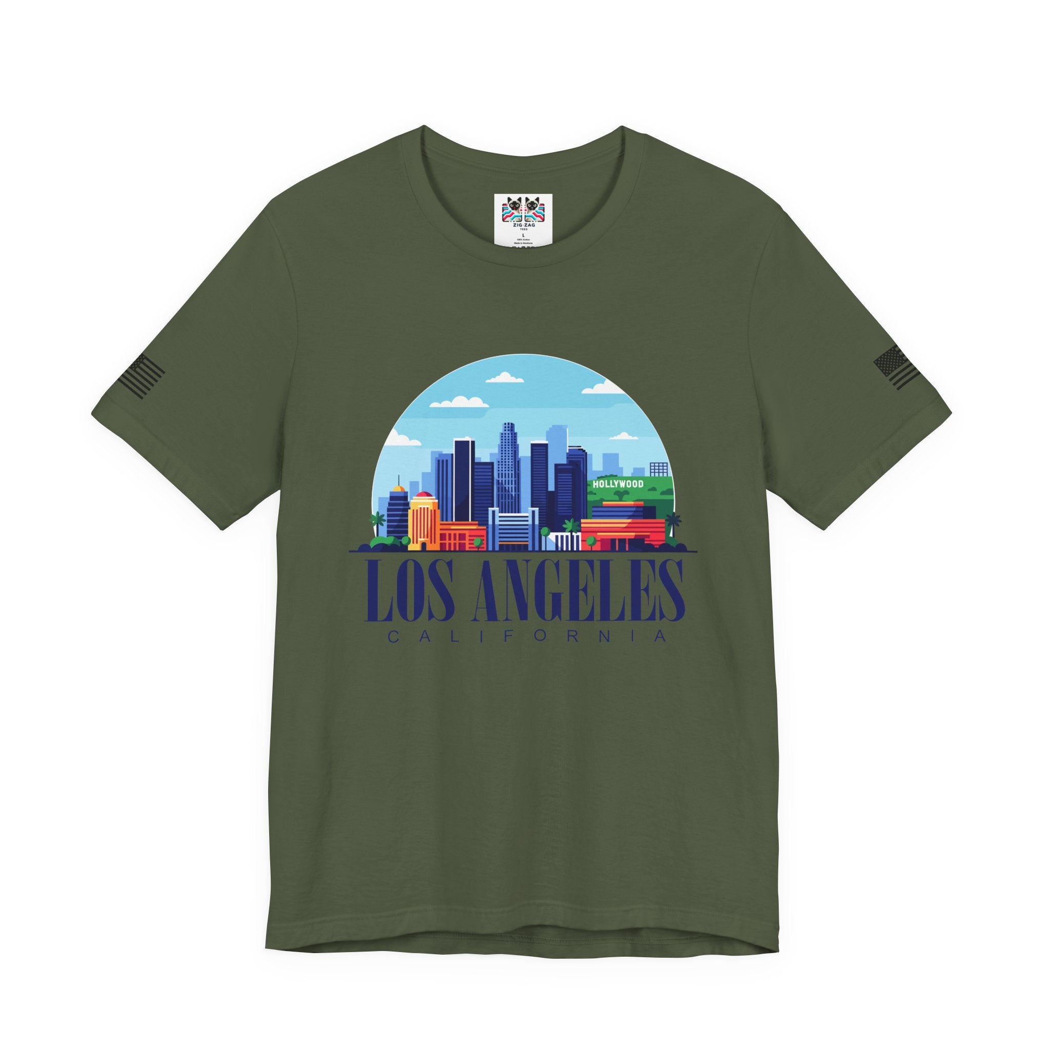 Los Angeles California T-Shirt – Hollywood Sign Colorful Illustrated Skyline Circle Tee
