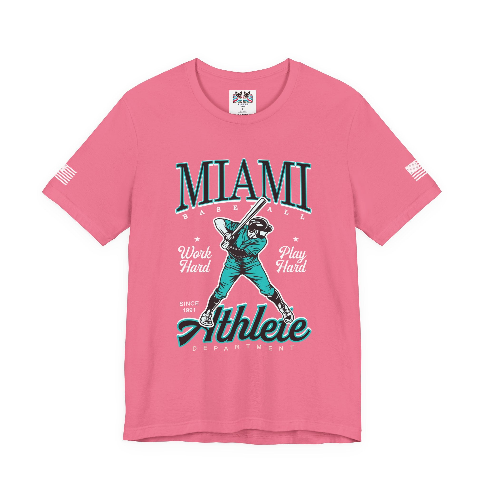 Miami Baseball Athlete Department T-Shirt – Work Hard Play Hard Since 1991 Graphic Tee
