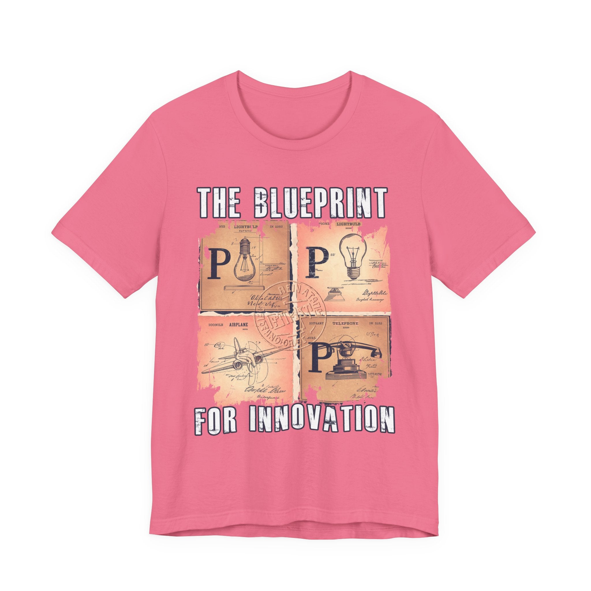 The Blueprint for Innovation Tshirt – Vintage Paper with Iconic Inventions Graphic