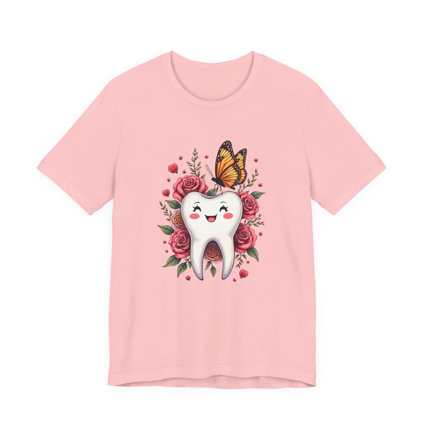 Smile T Shirt Featuring Large Smiling Tooth Surrounded by Flowers Leaves and Butterflies