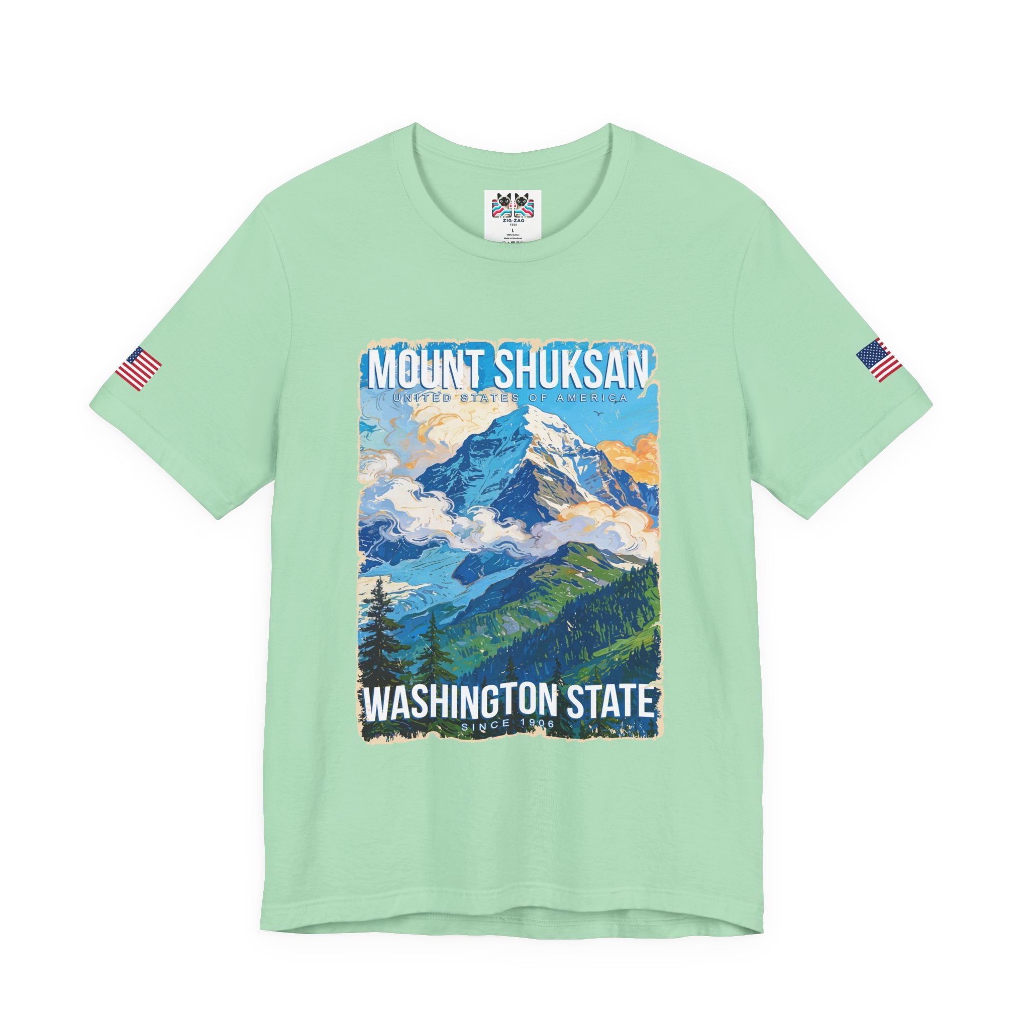 Mount Shuksan Washington State Since 1906 Colorful Mountain Poster T-Shirt | North Cascades Souvenir Tee | PNW Shirt