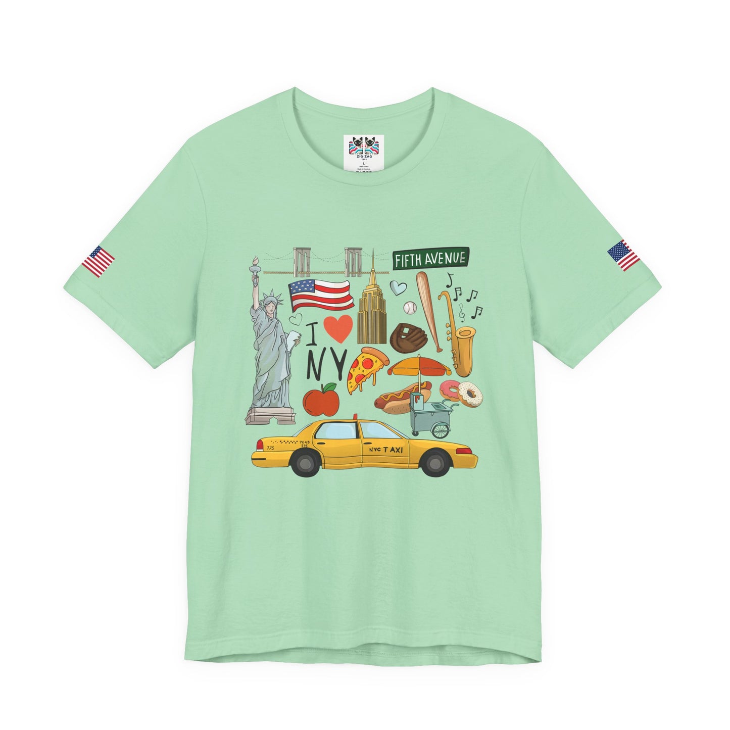 I Love NY T-Shirt - New York City Icons Graphic Tee with Statue of Liberty, Taxi & Food