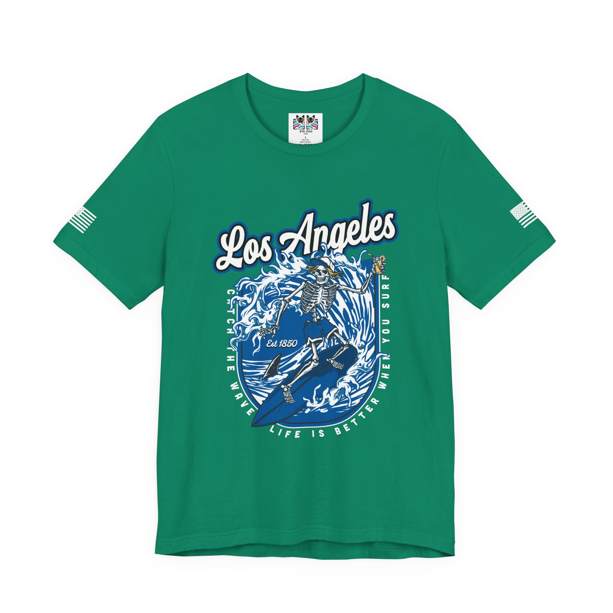 Los Angeles Skeleton Surfer T-Shirt – Life Is Better When You Surf CA EST 1850 Tee