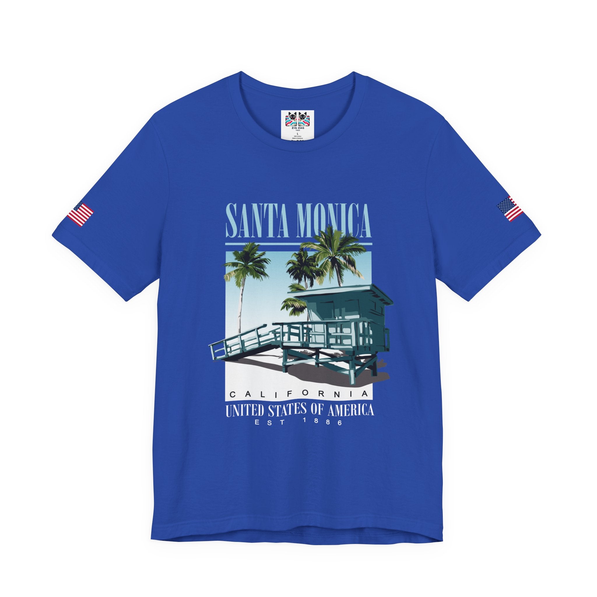 Santa Monica California EST 1886 T-Shirt – Lifeguard Tower Palm Tree Beach Tee