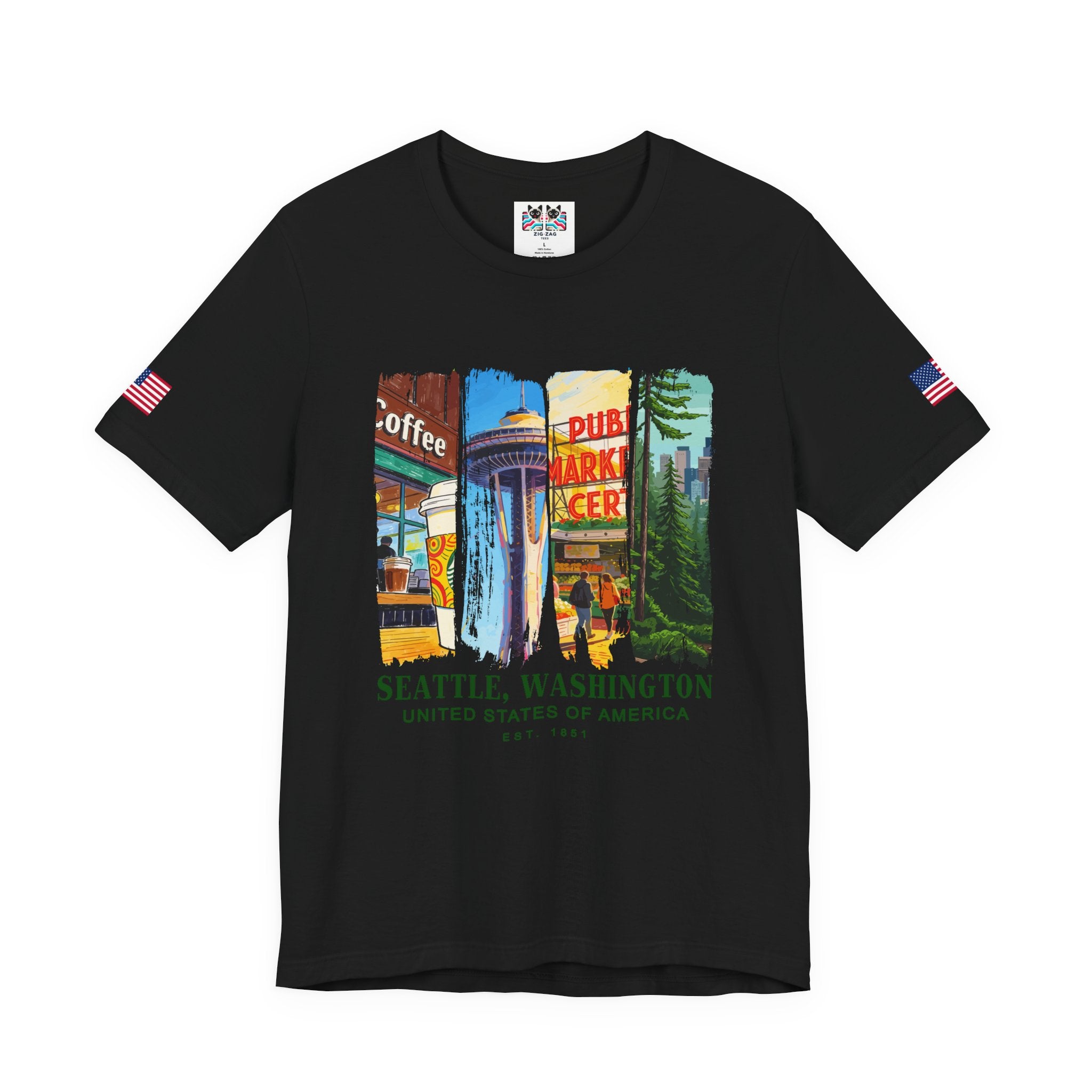 Seattle Washington Icons Collage T-Shirt | Coffee Space Needle Pike Place Market Graphic Tee | Seattle Souvenir