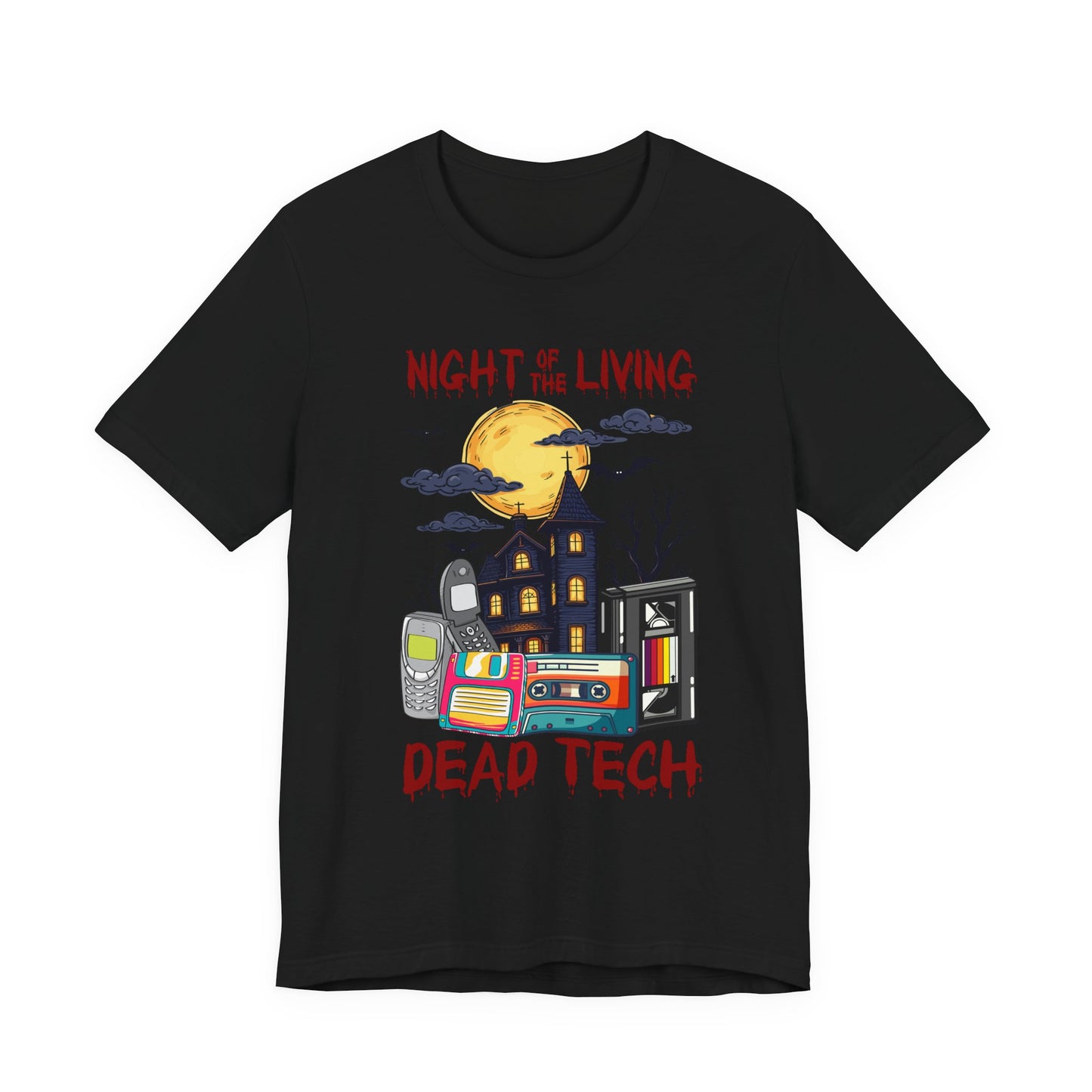 Night of the Living, Dead Tech Tshirt – Haunted Building & Retro Gadgets