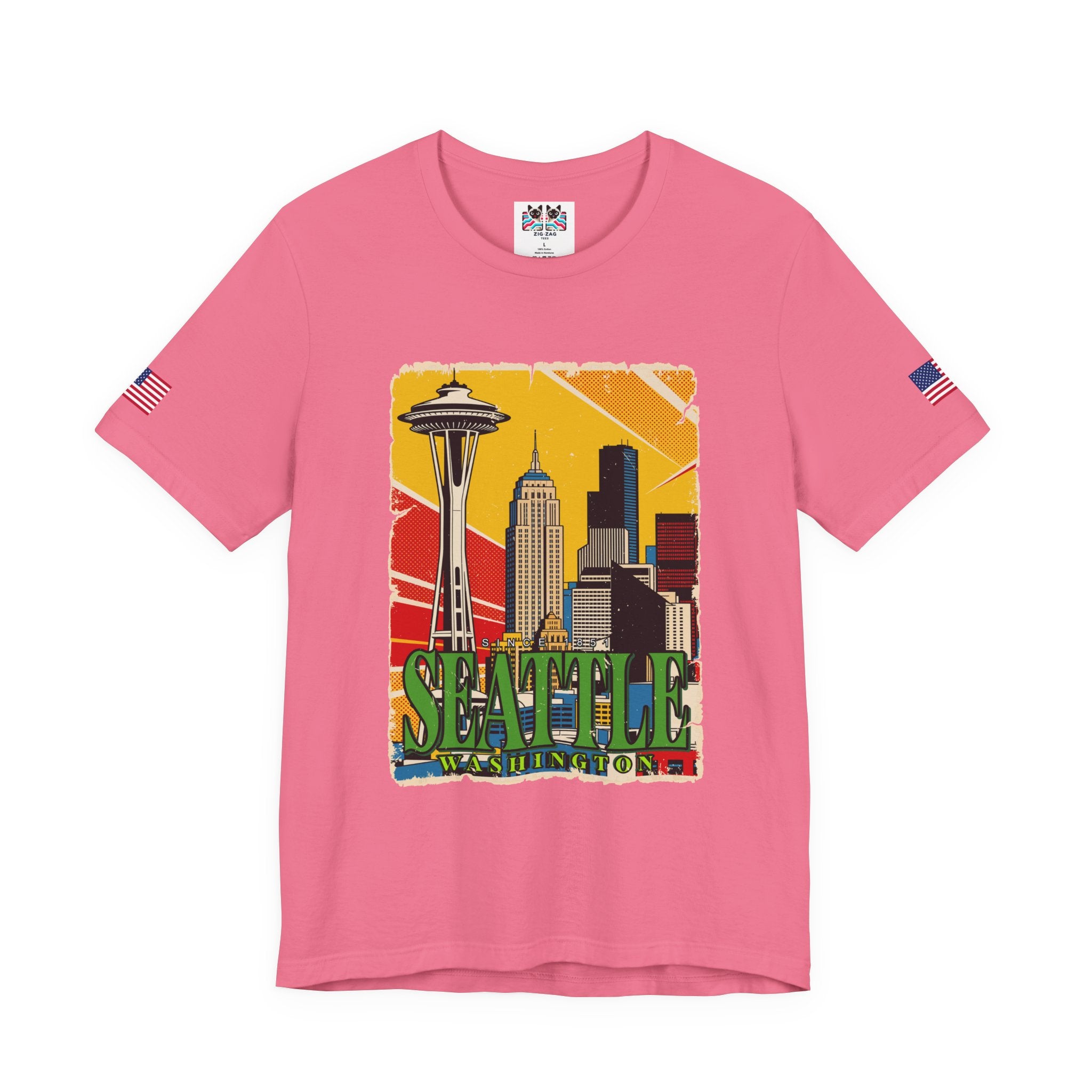 Seattle Washington Retro Pop Art Skyline T-Shirt | Space Needle Comic Style Graphic Tee | Seattle Souvenir Shirt
