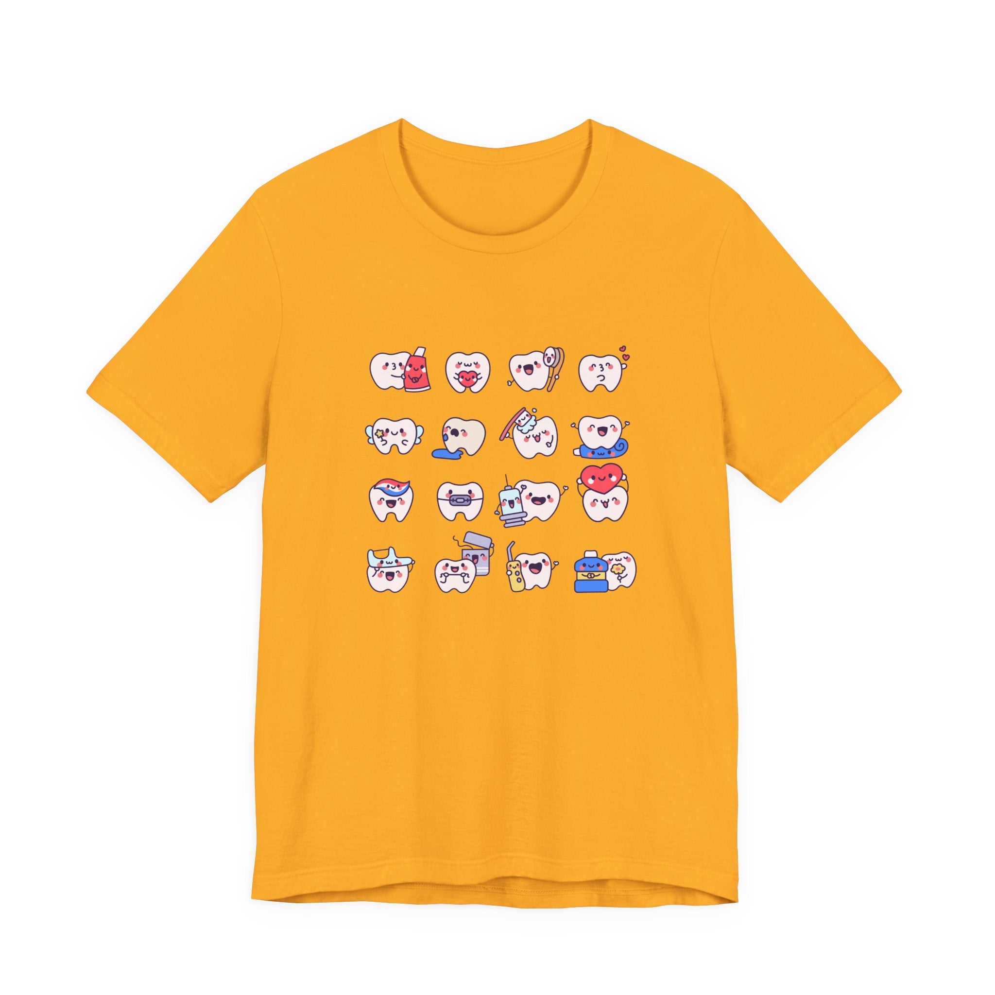 Happy Smiling Teeth T Shirt Sixteen Tooth Characters with Dental Care Items