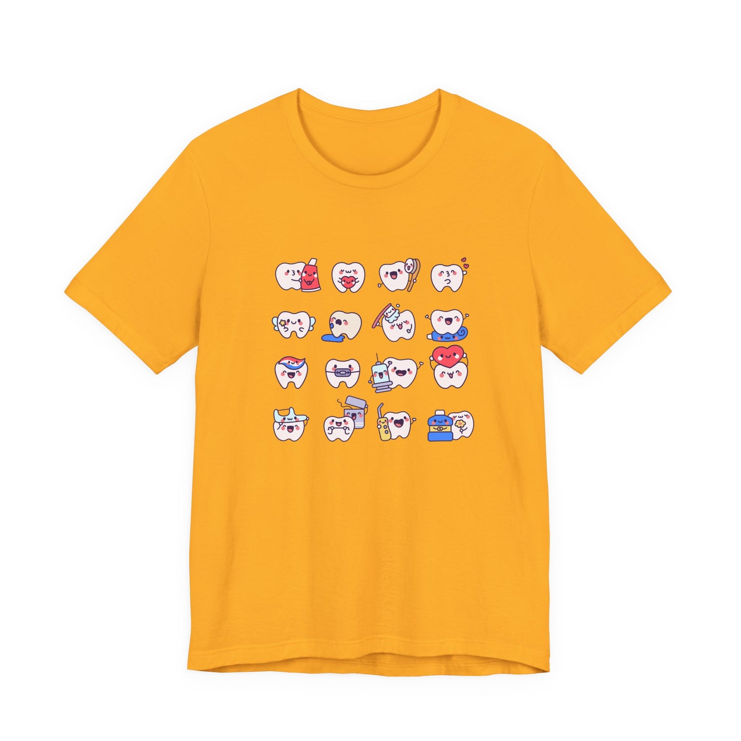 Happy Smiling Teeth T Shirt Sixteen Tooth Characters with Dental Care Items