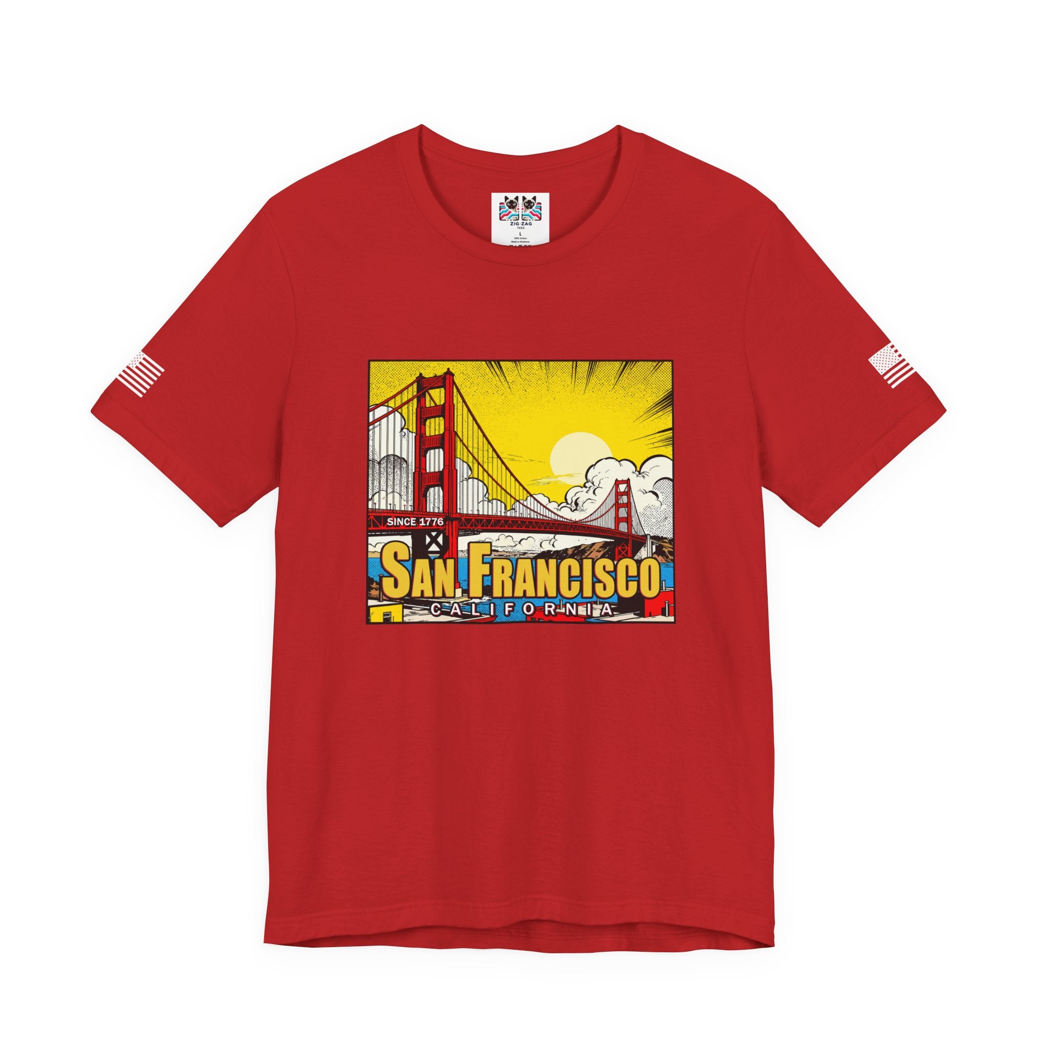 San Francisco California Comic Style T-Shirt – Golden Gate Bridge Pop Art Graphic Tee Since 1776