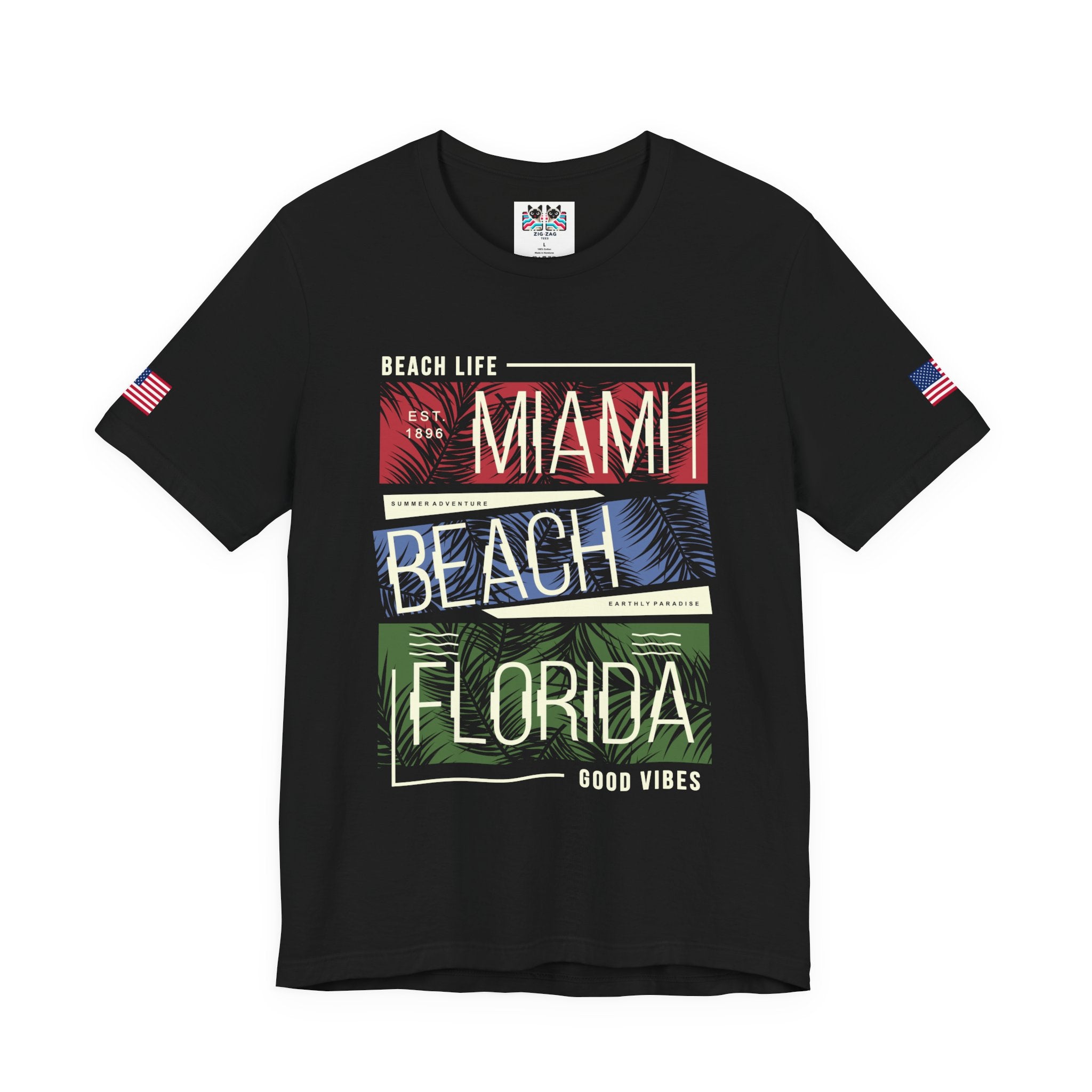 Miami Beach Florida T-Shirt – Beach Life EST 1896 Good Vibes Tropical Panel Graphic Tee