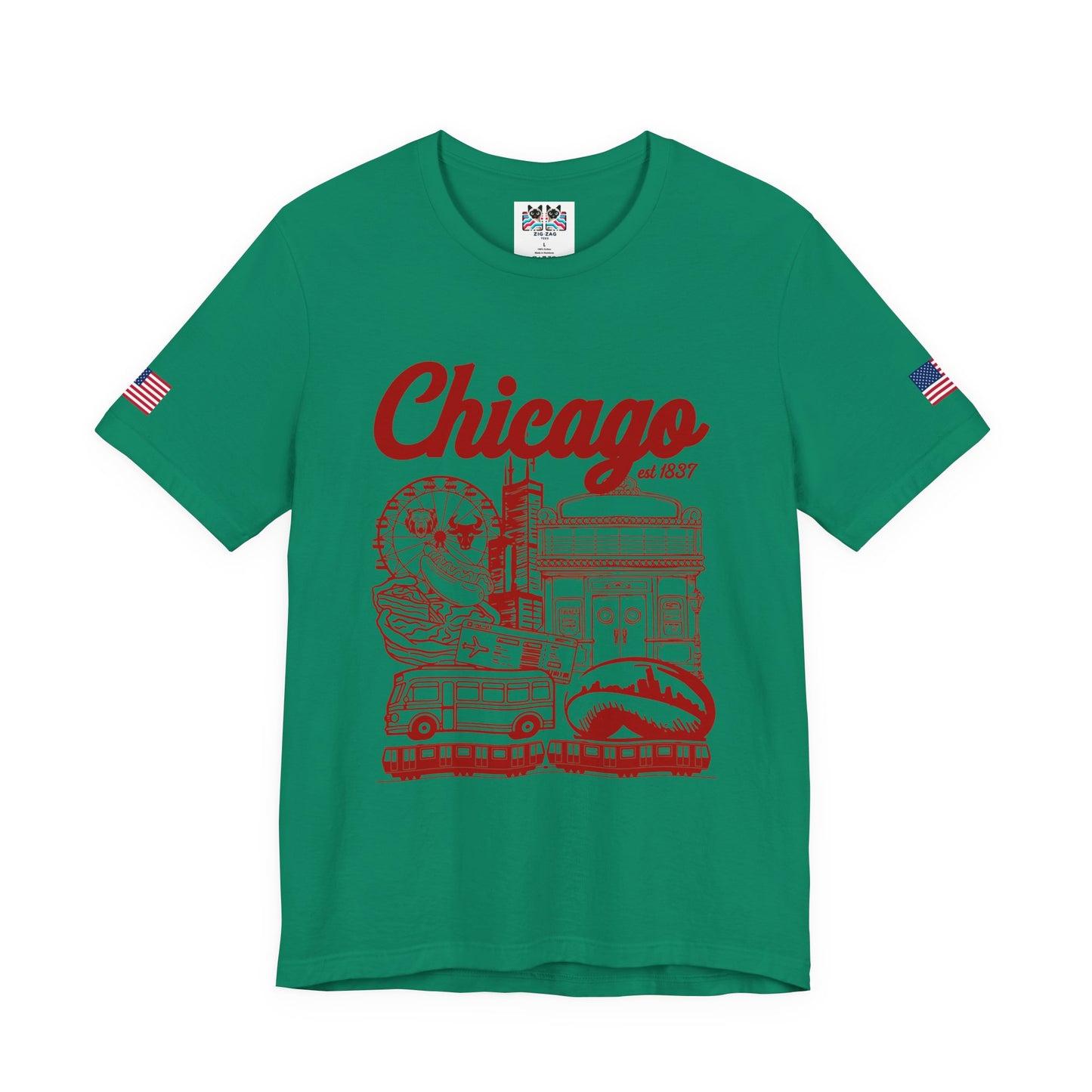 Chicago Est 1837 T-Shirt - Iconic Landmarks Yellow Red Illinois Tourist Collage