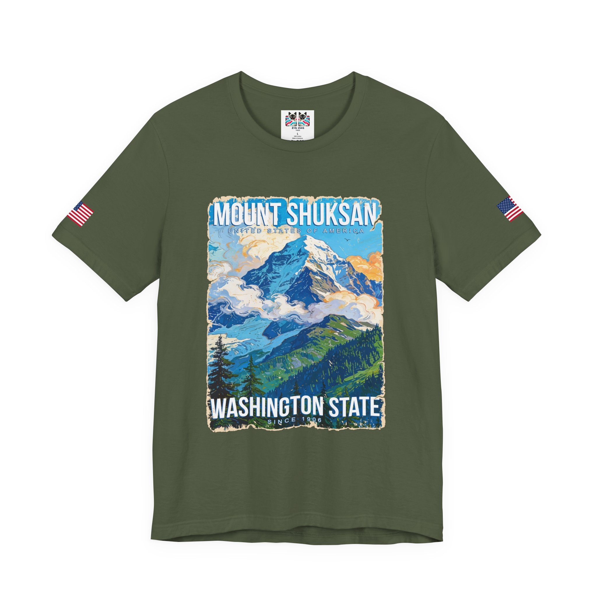 Mount Shuksan Washington State Since 1906 Colorful Mountain Poster T-Shirt | North Cascades Souvenir Tee | PNW Shirt