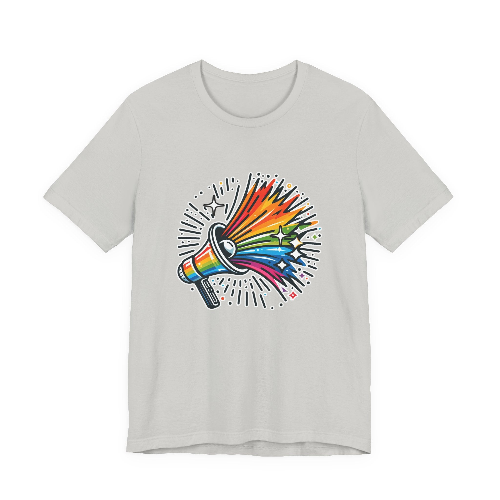 Proud & Loud – Colorful Handheld Speaker with Exploding Stars Graphic T-Shirt