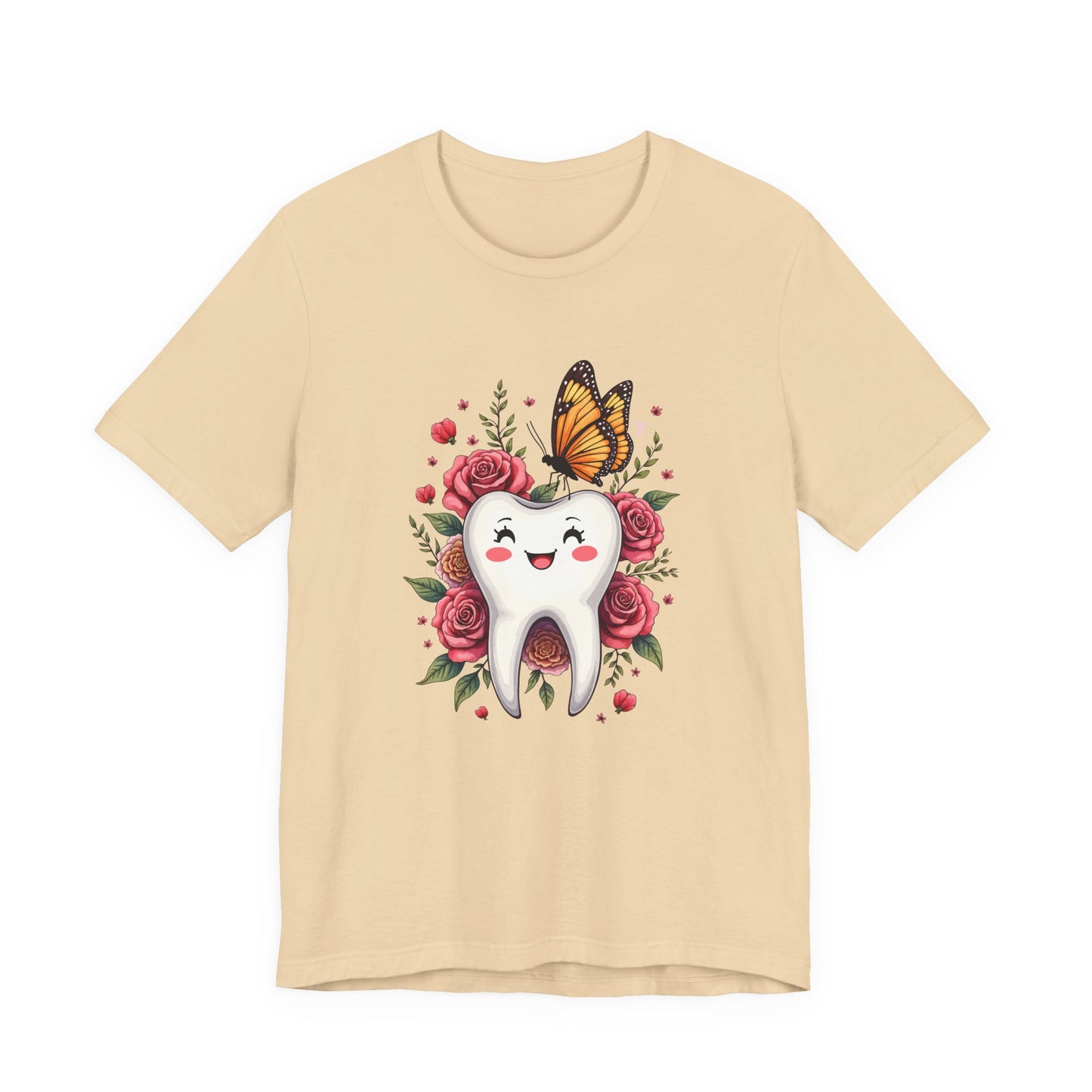 Smile T Shirt Featuring Large Smiling Tooth Surrounded by Flowers Leaves and Butterflies