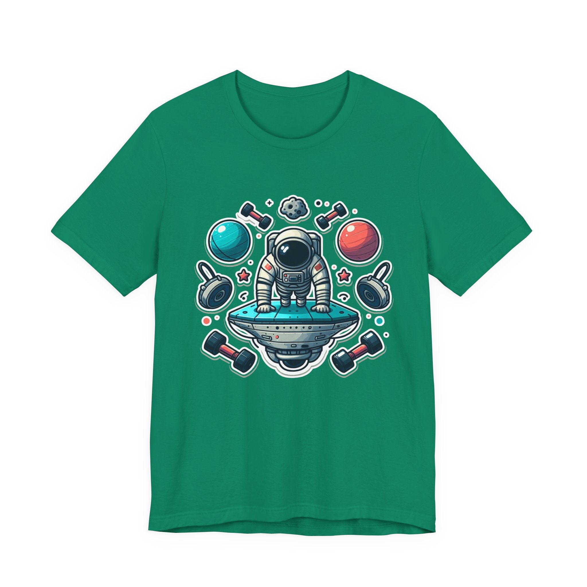 Rocket Science is My Cardio - Astronaut Doing Pushups Tshirt – Space Workout with Gadgets, Planets, and Dumbbells