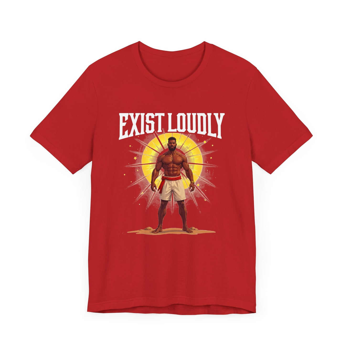 Exist Loudly – Strong Muscular Man with Red Belt & Glowing Light Graphic T-Shirt