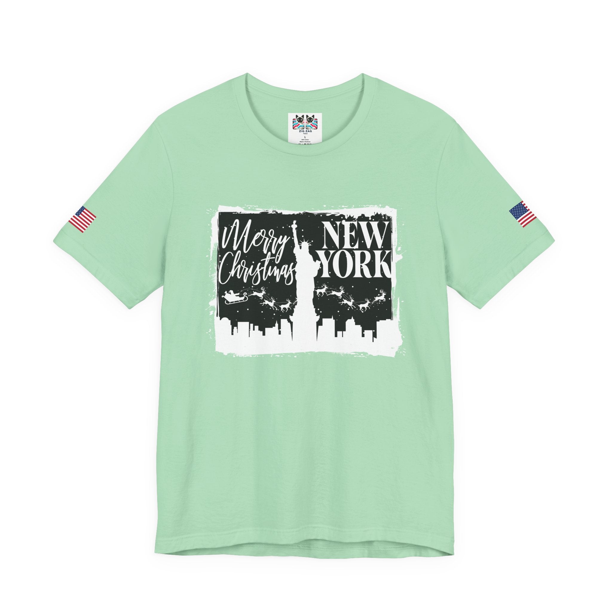 Merry Christmas New York T-Shirt - NYC Holiday Skyline with Santa & Statue of Liberty