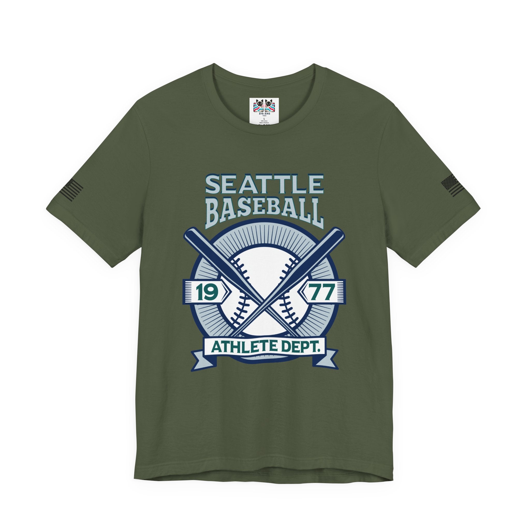 Seattle Baseball 1977 Athlete Dept. Crossed Bats Crest T-Shirt | Seattle Baseball Fan Tee | Retro Sports Graphic Shirt