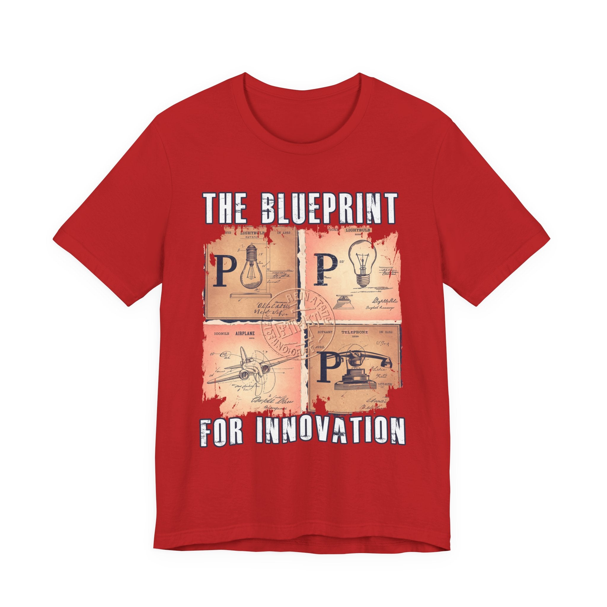 The Blueprint for Innovation Tshirt – Vintage Paper with Iconic Inventions Graphic