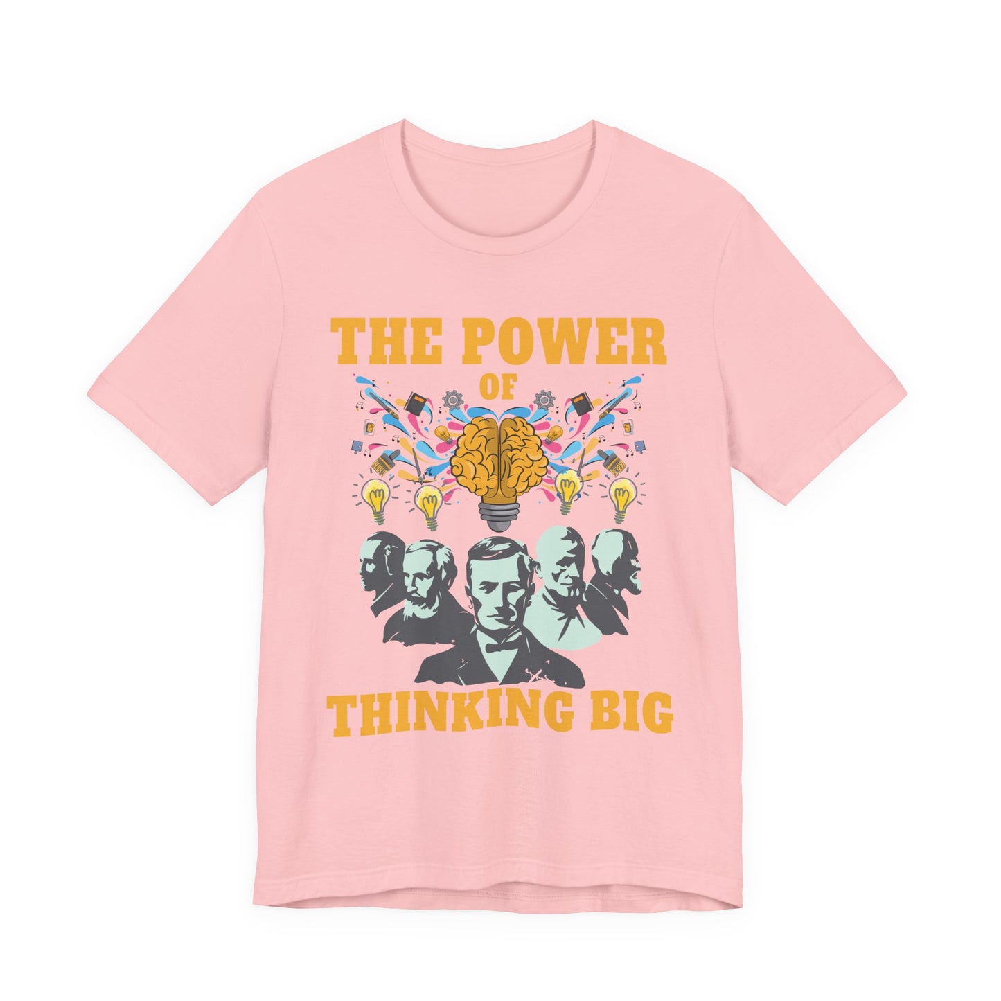 The Power of Thinking Big Tshirt – Brain with Great Scientists and Glowing Bulb Graphic