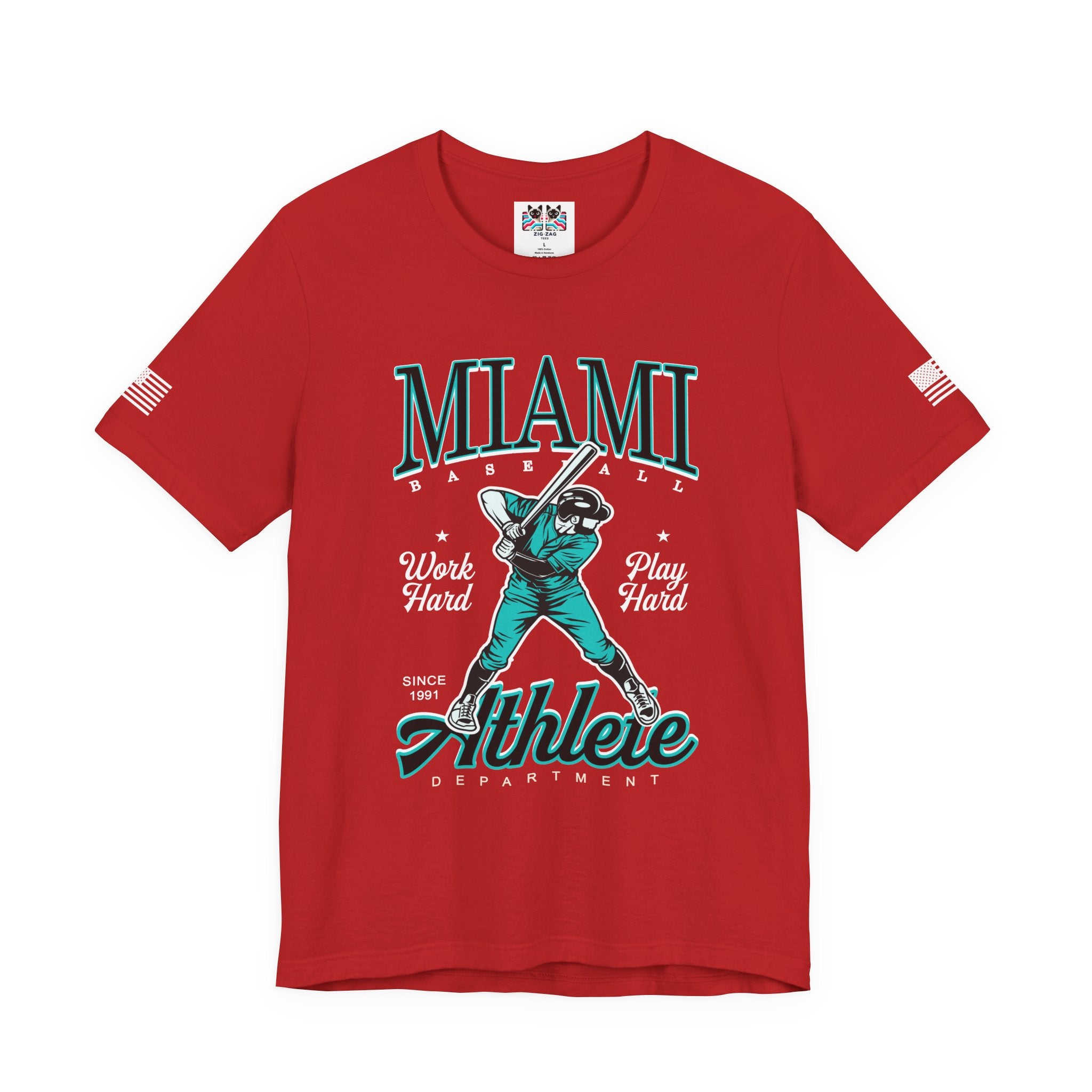 Miami Baseball Athlete Department T-Shirt – Work Hard Play Hard Since 1991 Graphic Tee