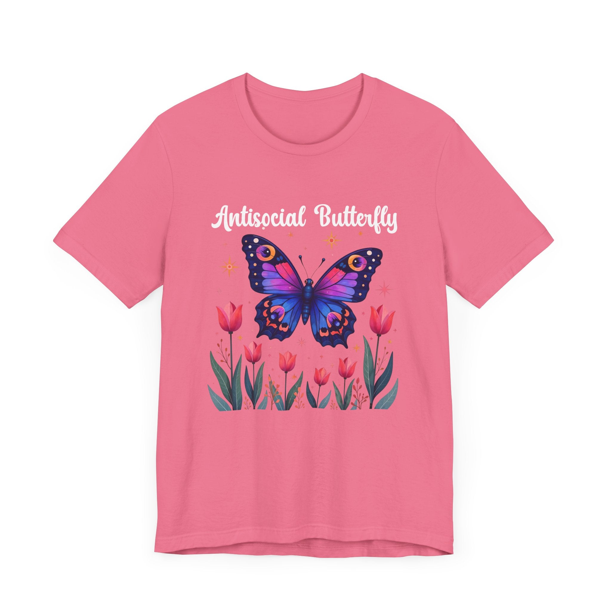 Antisocial Butterfly – Large Butterfly Above Flower Plants Graphic T-Shirt