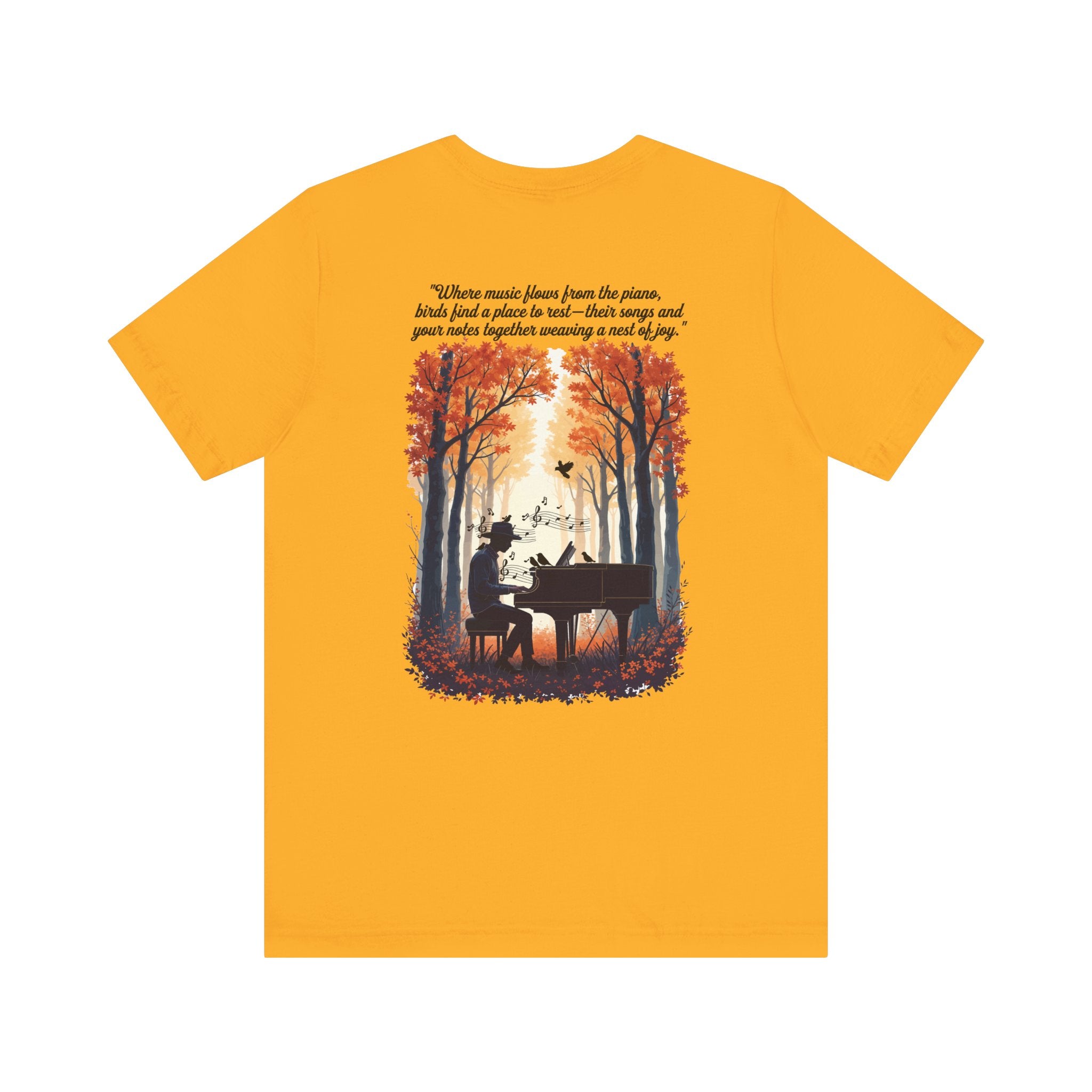 Music & Nature Harmony T-Shirt – Grand Piano in Autumn Forest Scene [Black Text]
