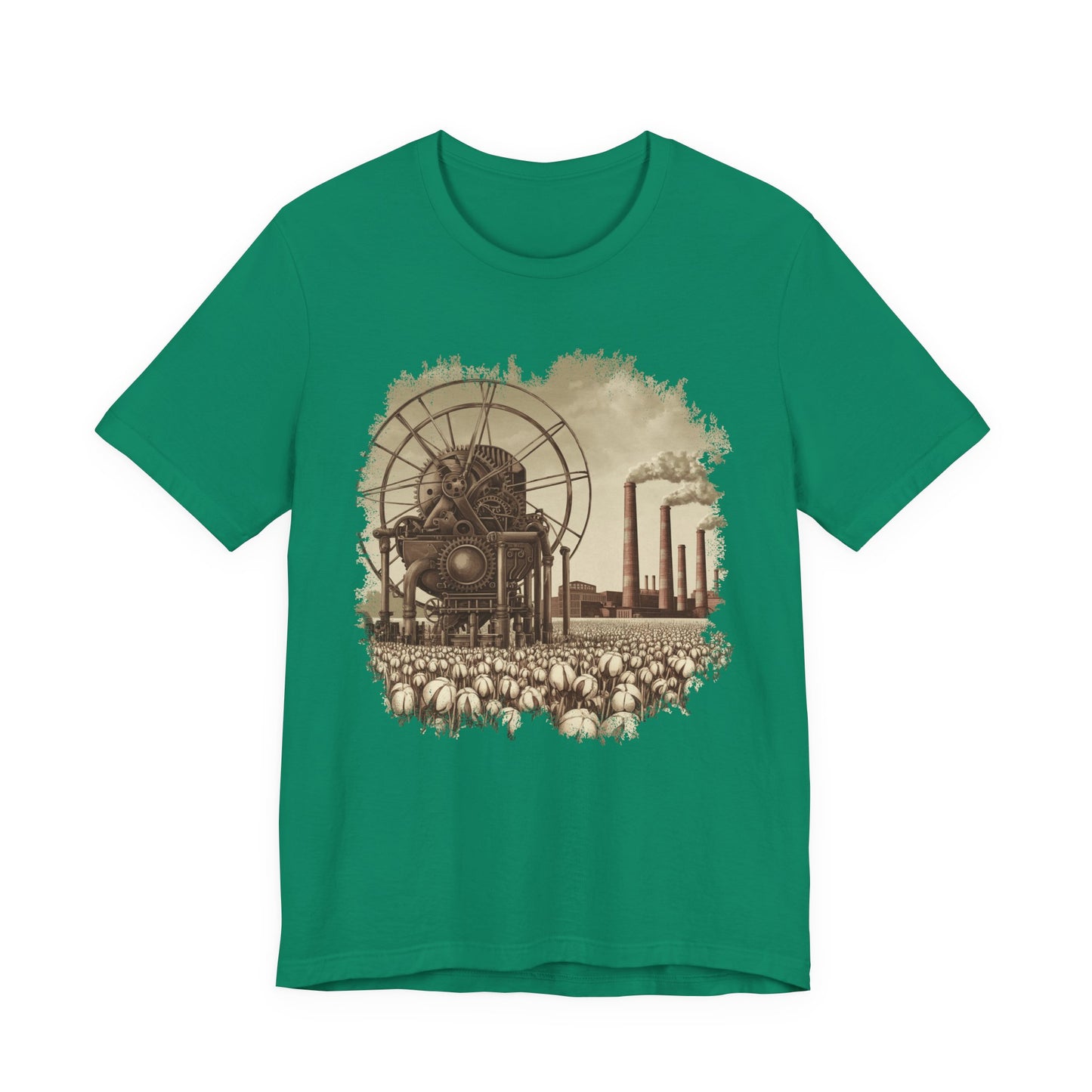 Cotton Gin Club Tshirt – Harvest-Ready Cotton Field with Historic Spinning Machine and Factory