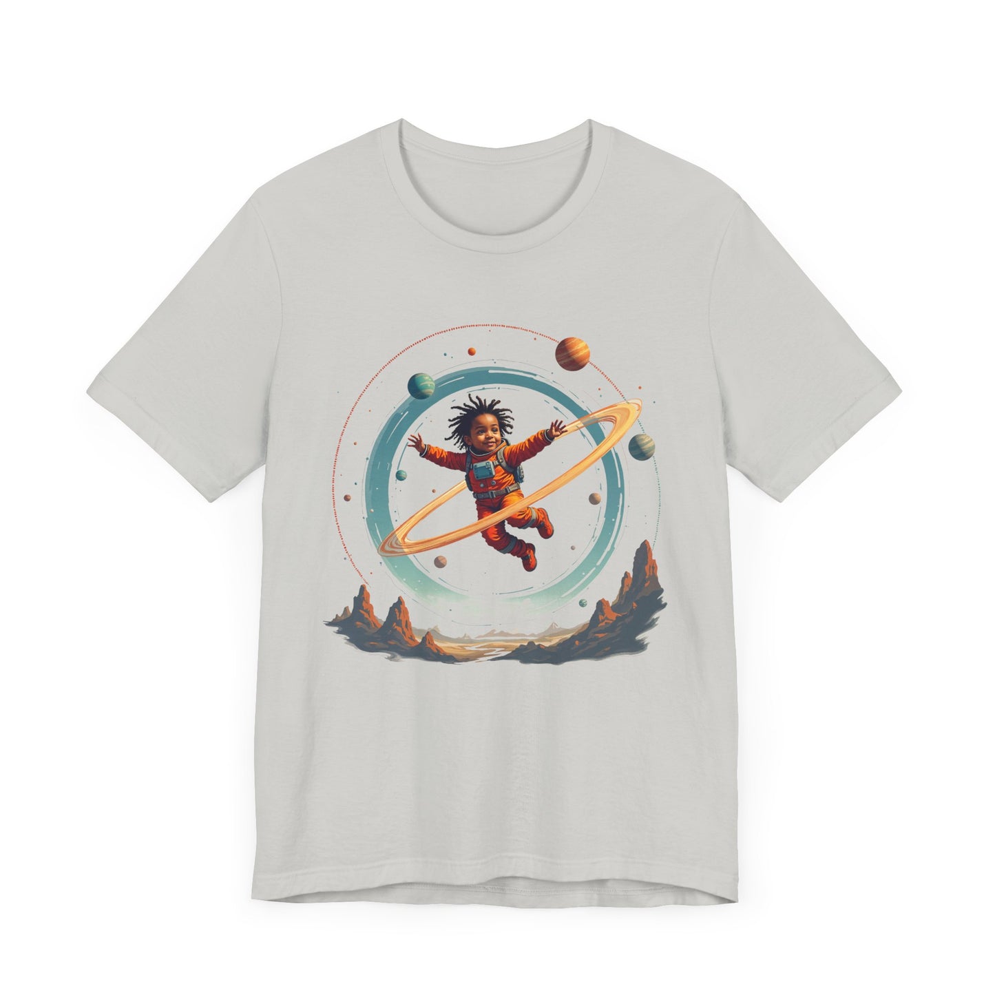 Toddler Flying in Spacesuit with Revolving Planets Space Adventure Graphic T-Shirt