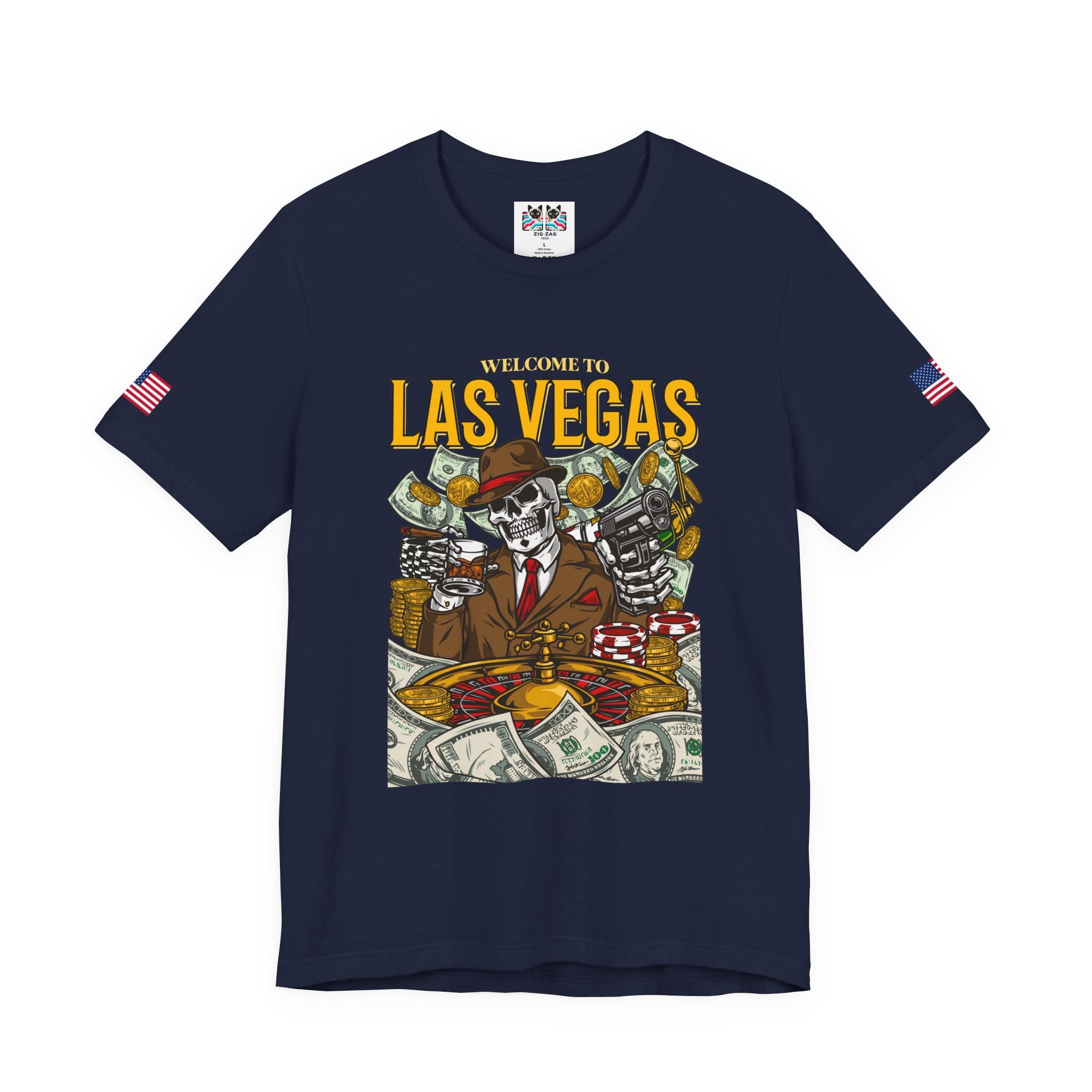 Welcome to Las Vegas Skeleton Gangster T-Shirt – Skull Casino Roulette Graphic Tee