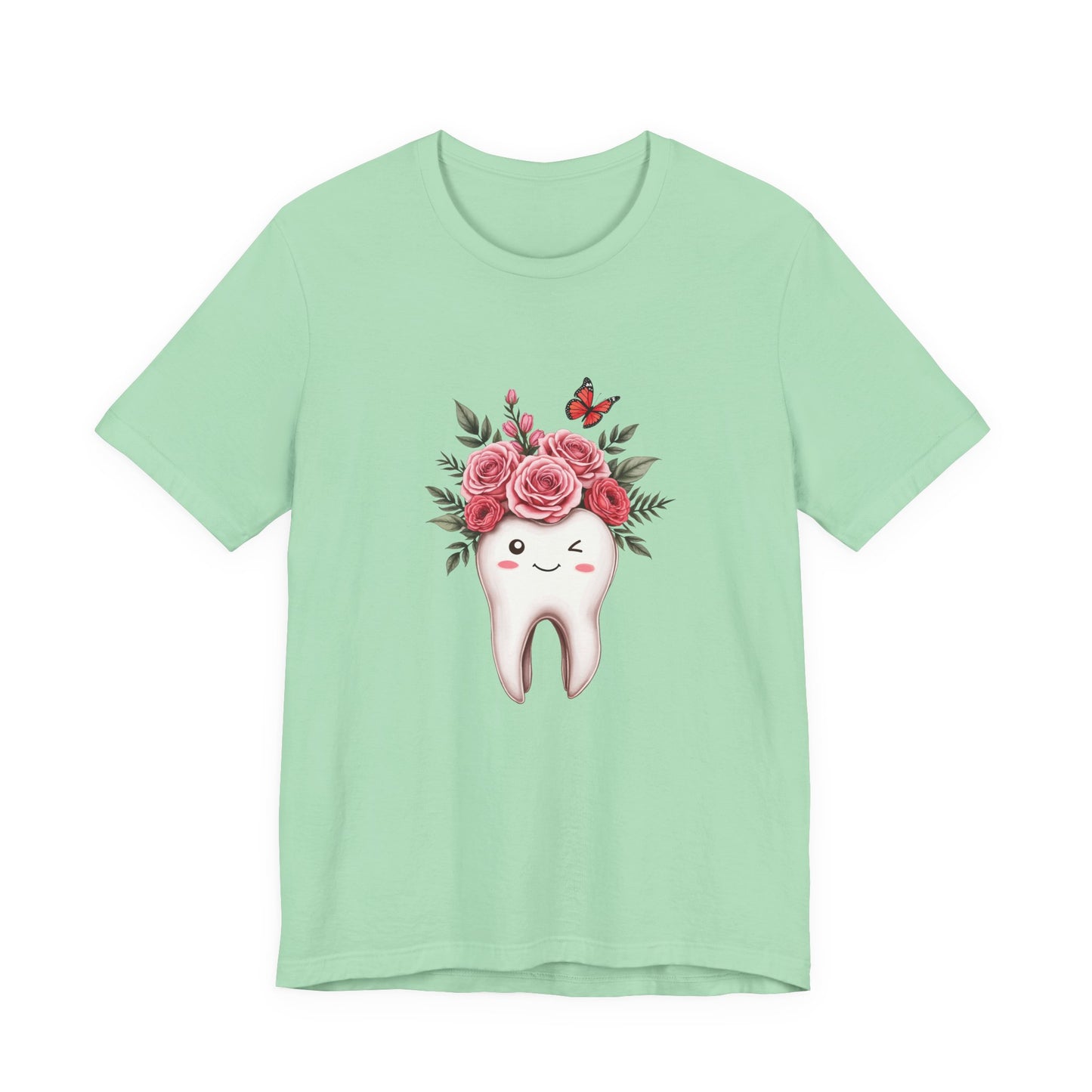 Smile T Shirt with Large Winking Tooth Surrounded by Flowers Leaves and Butterflies