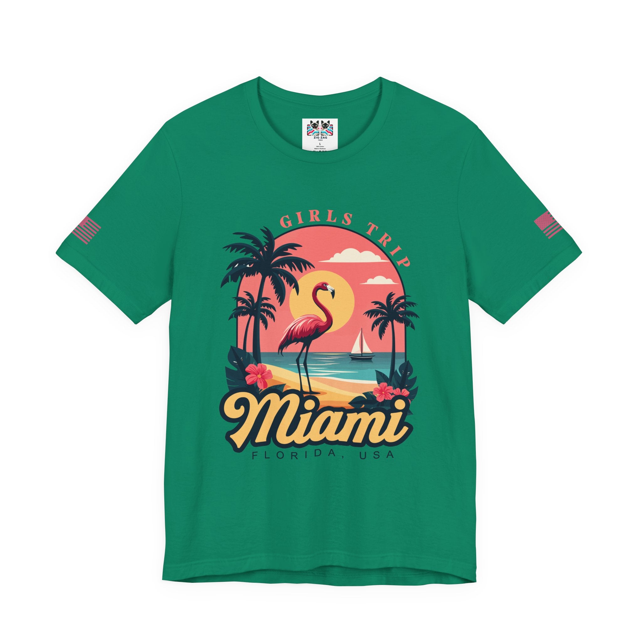 Miami Girls Trip Florida USA T-Shirt – Flamingo Sunset Palm Tree Beach Graphic Tee