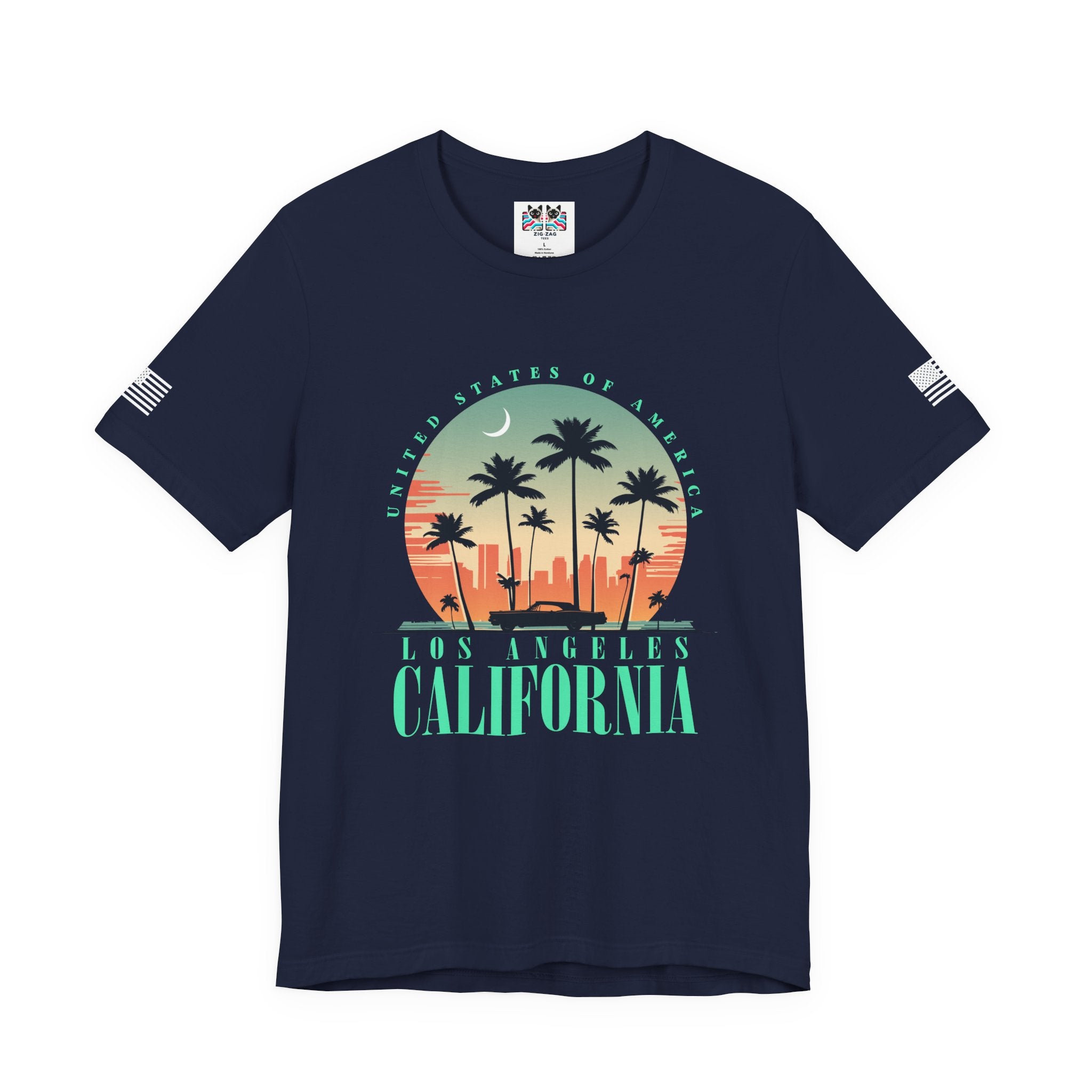 Los Angeles California USA T-Shirt – Retro Moon Crescent Palm Tree Classic Car Tee