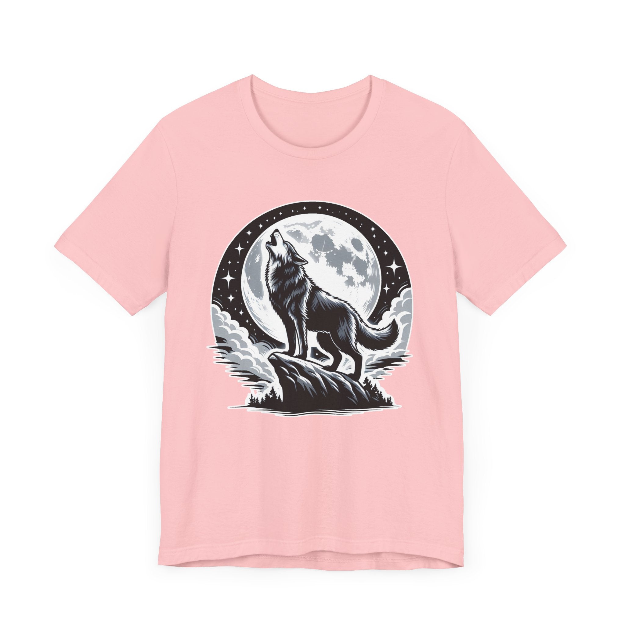Mystical and Wild - Wolf Howling on Mountain Edge with Full Moon and Stars Graphic T-Shirt