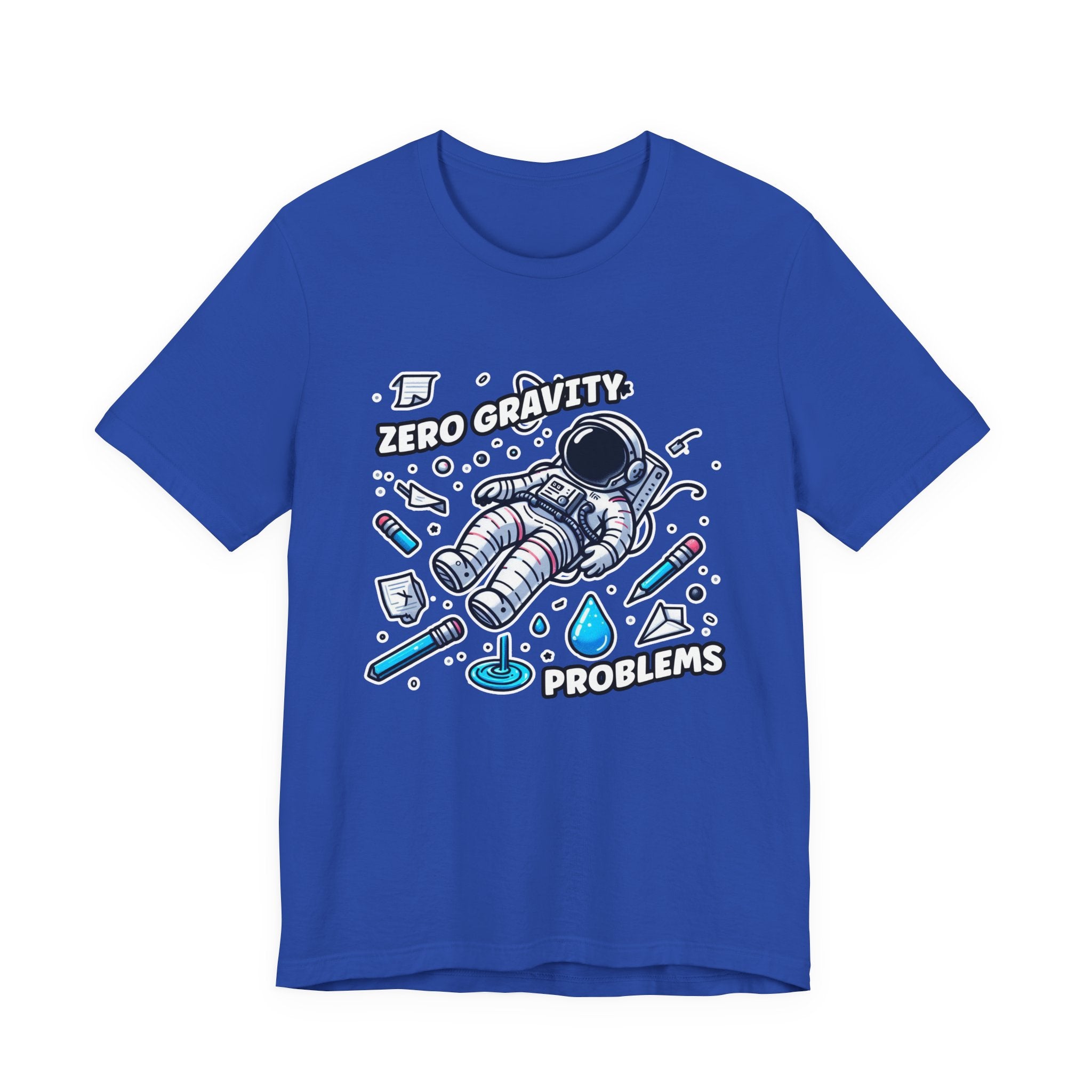Zero Gravity Problems Astronaut Tshirt – Floating in Space with Everyday Objects