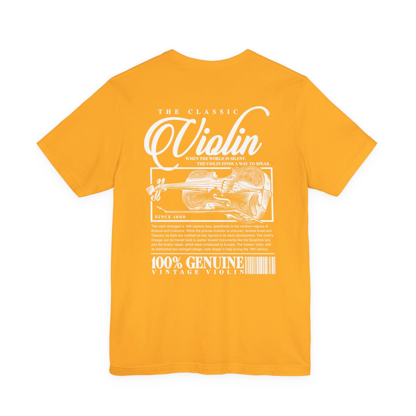 The Classic Violin T-Shirt – Vintage Instrument & 16th Century Story [White Text]