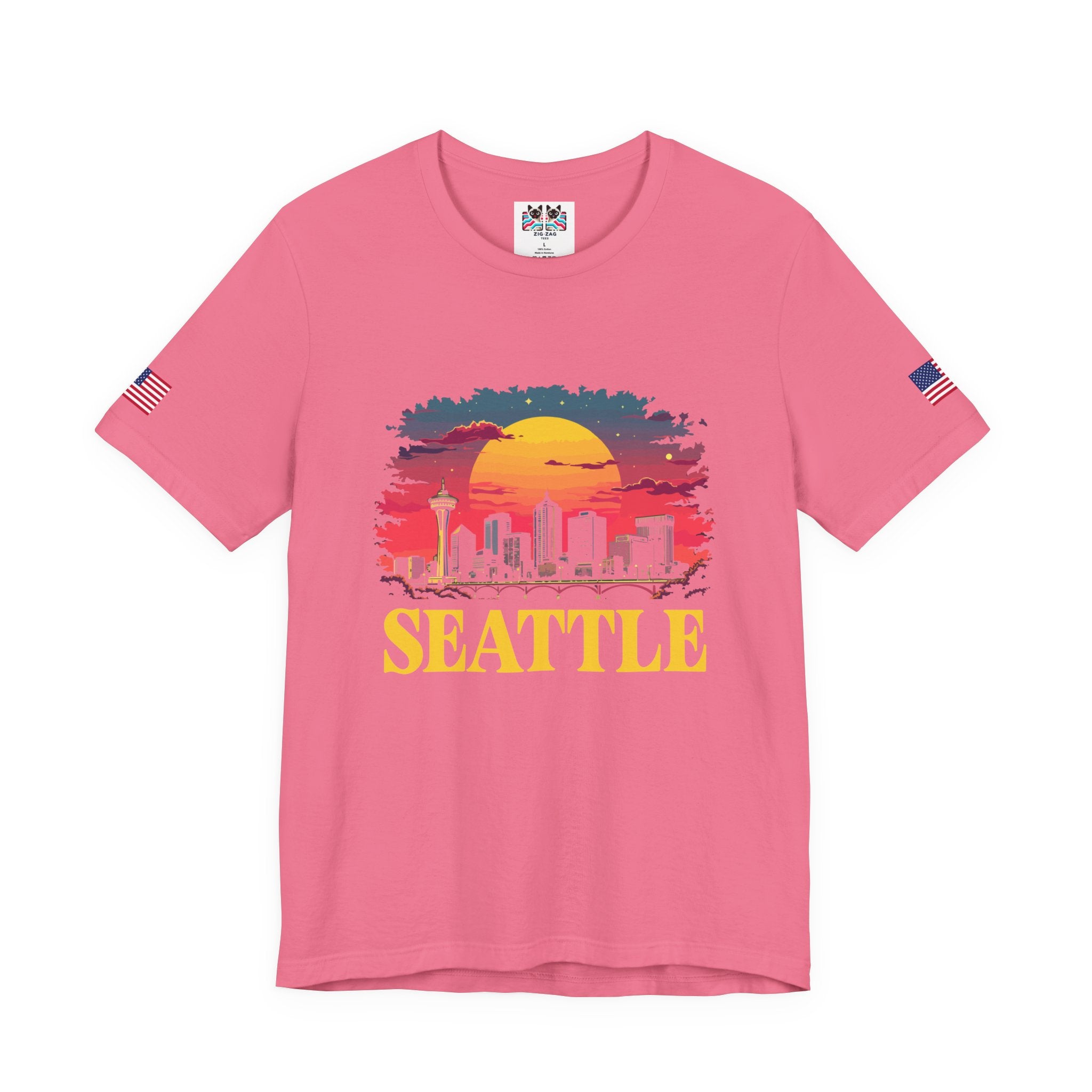 Seattle Retro Sunset Skyline Graphic T-Shirt | Emerald City Space Needle Night Sky Tee | Seattle Souvenir Shirt
